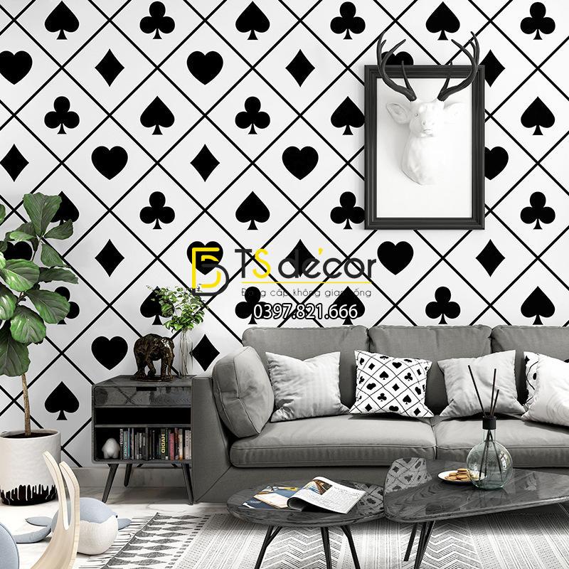 Giấy dán tường họa tiết bài tây đen trắng độc đáo 3D334