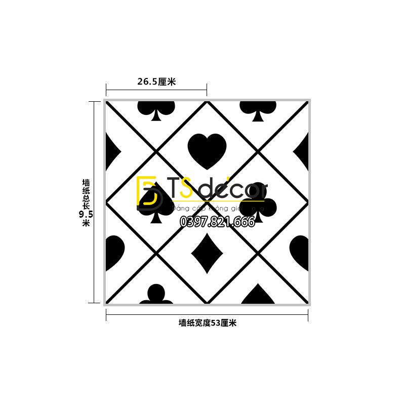 Kích thước ô vuông giấy dán tường họa tiết bài tây đen trắng 3D334