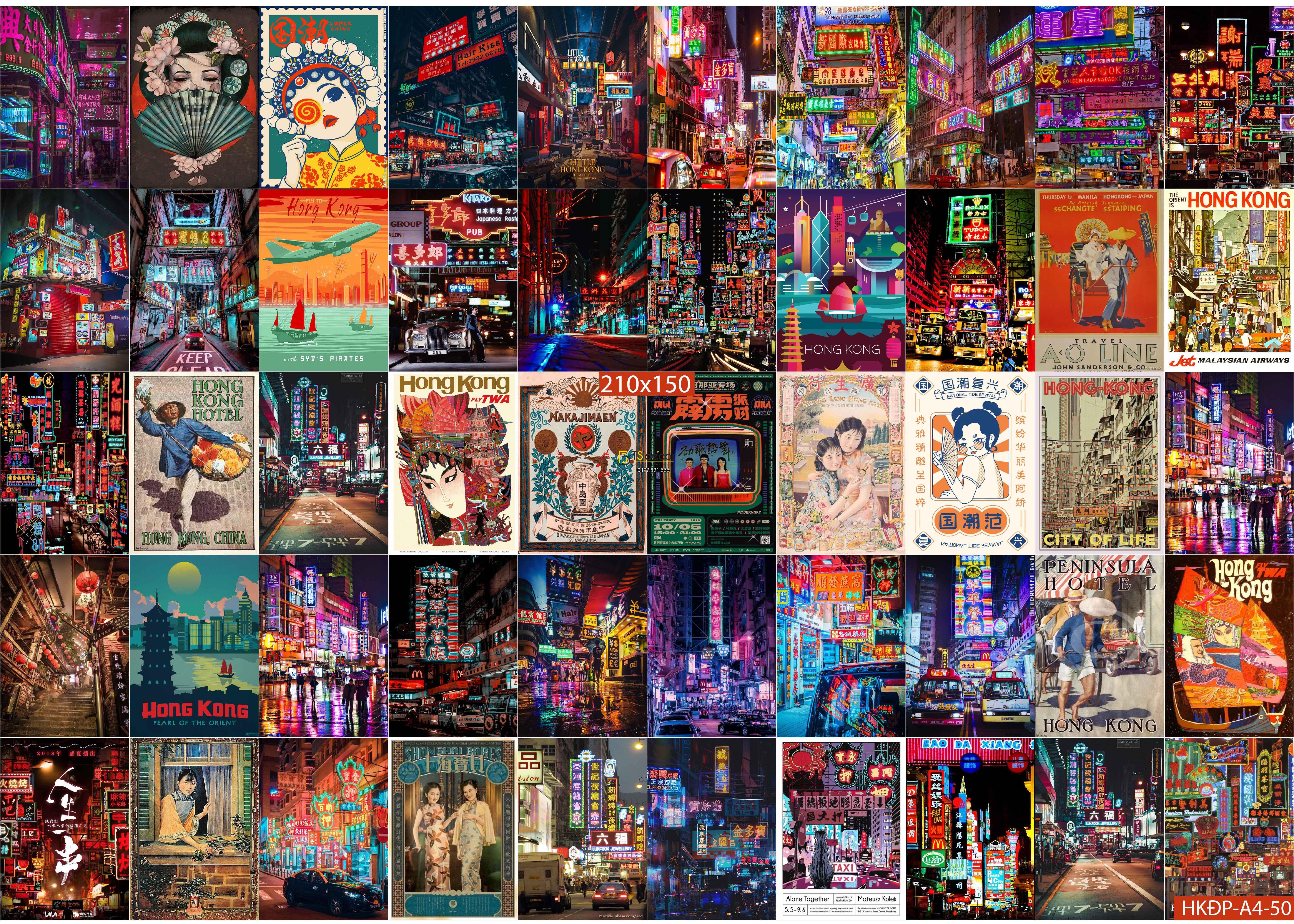 Combo 50 tờ Decal dán tường đường phố Hong Kong về đêm