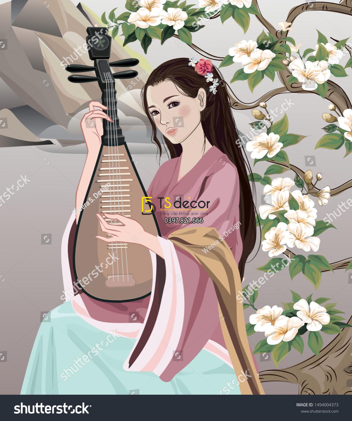 Tranh cô gái trung hoa đánh đàn tỳ bà