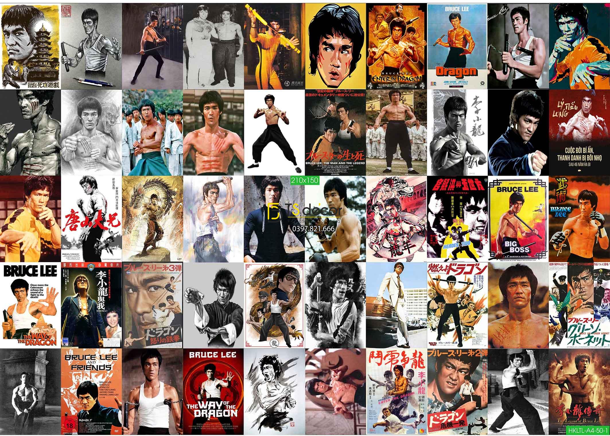 Combo 50 tờ Decal dán tường Hong Kong Lý Tiểu Long Khổ A3,A4,A5