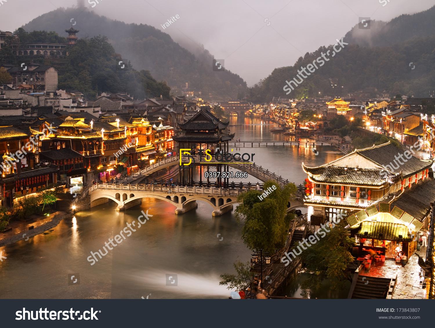 Tranh 3d phượng hoàng cổ trấn khổ lớn