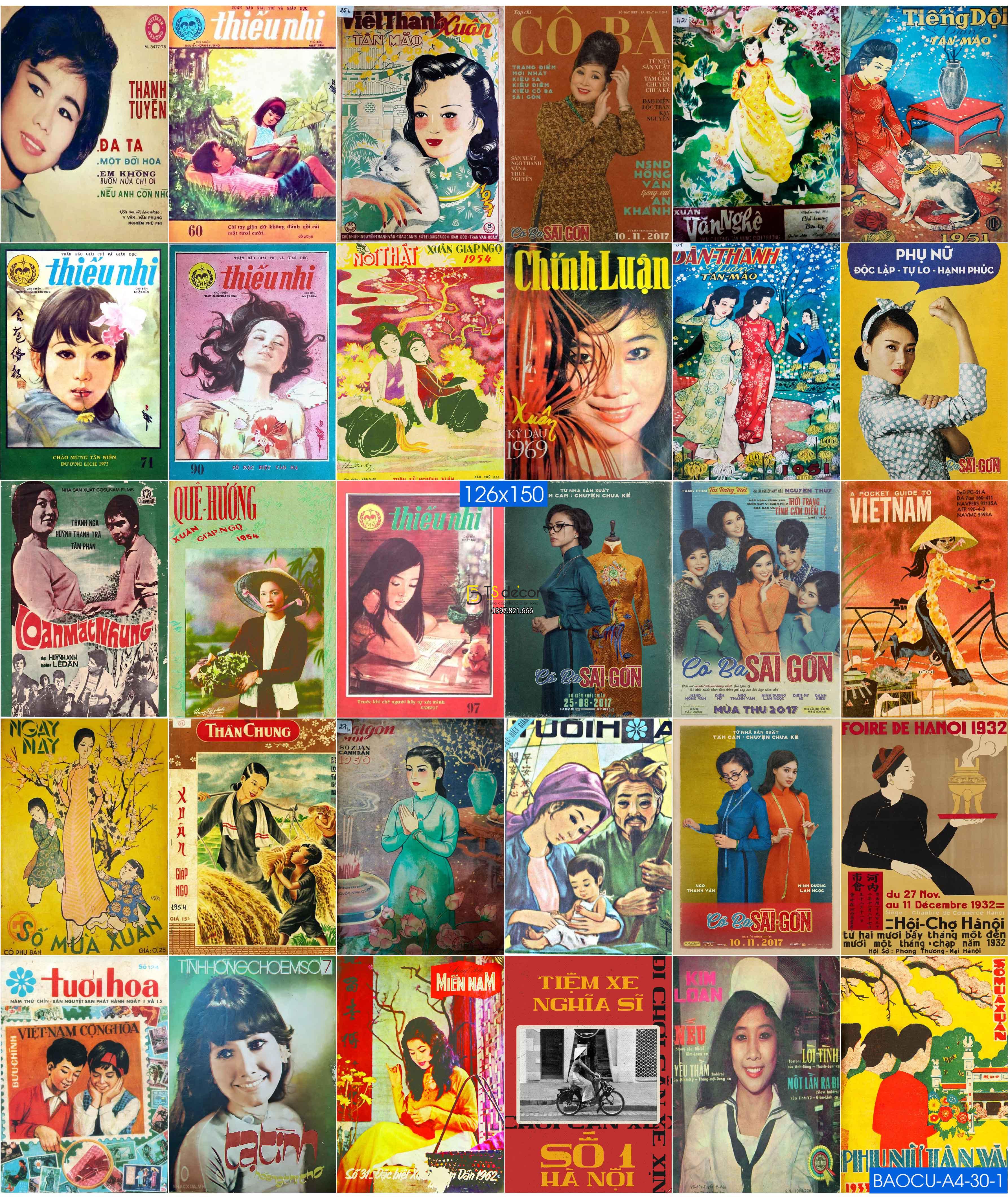 Combo 30 hình Decal dán tường Bìa Báo Cũ Việt Nam A4 01