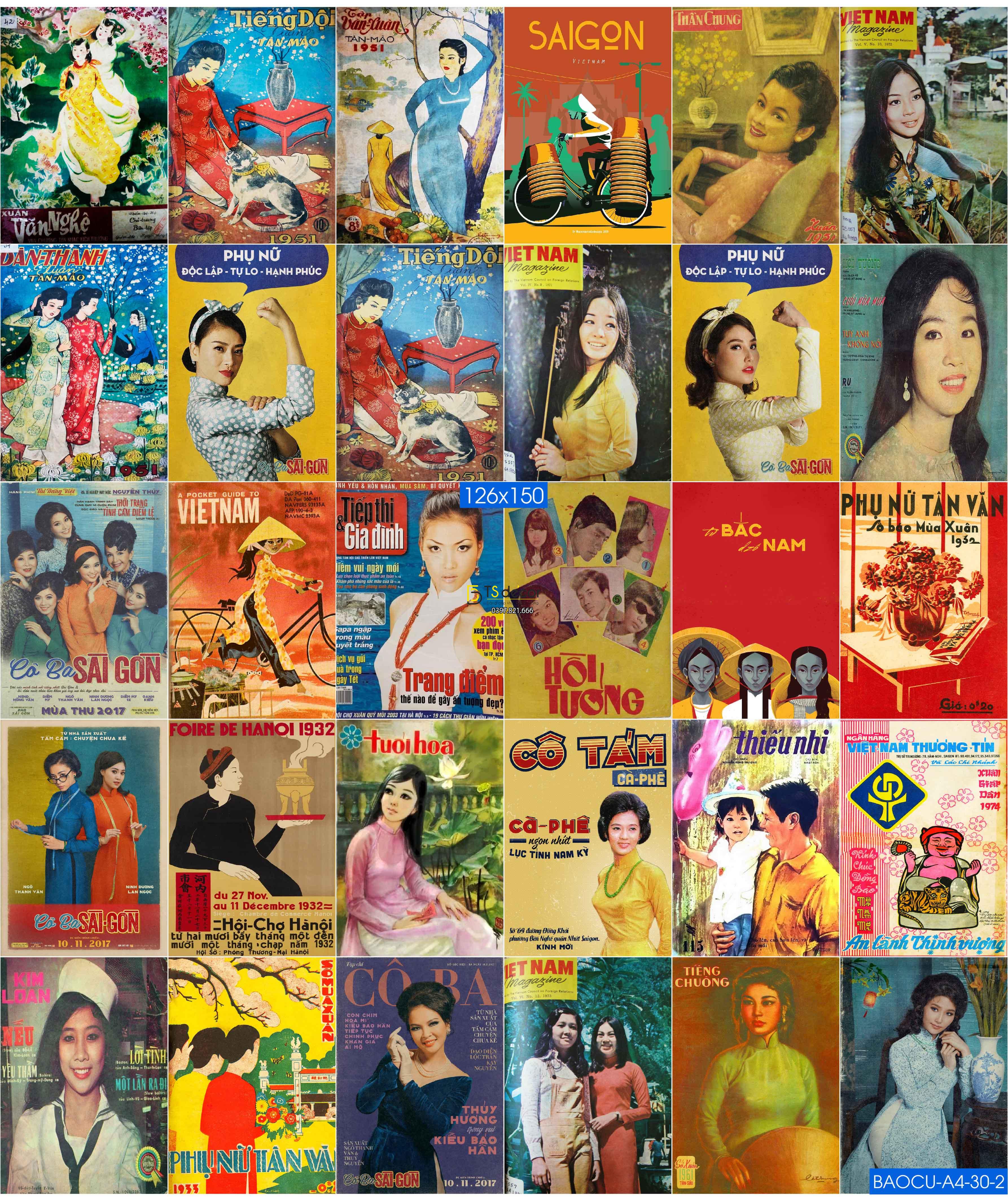 Combo 30 hình Decal dán tường Bìa Báo Cũ Việt Nam A4 02