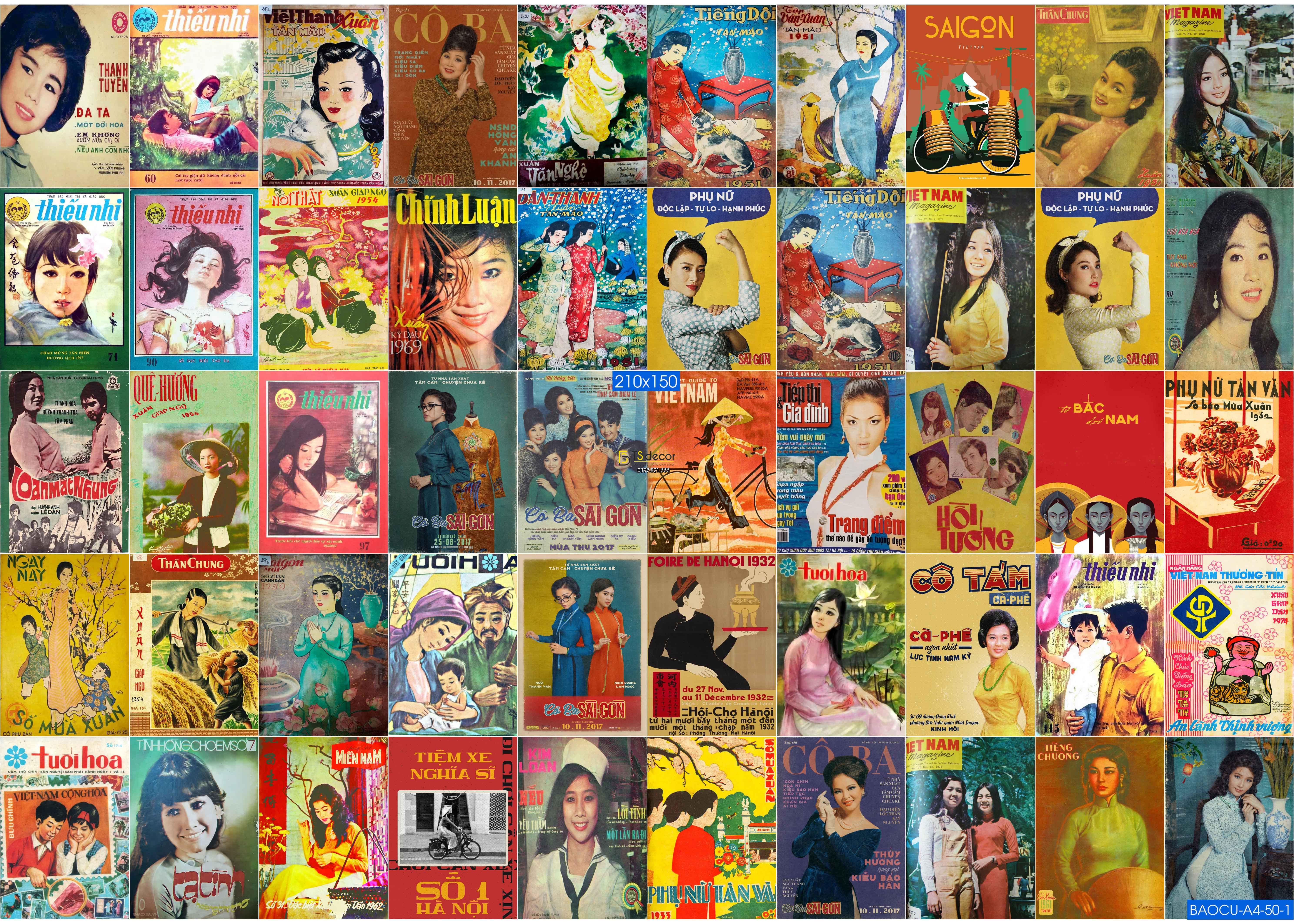 Combo 50 hình Decal dán tường Bìa Báo Cũ Việt Nam A4