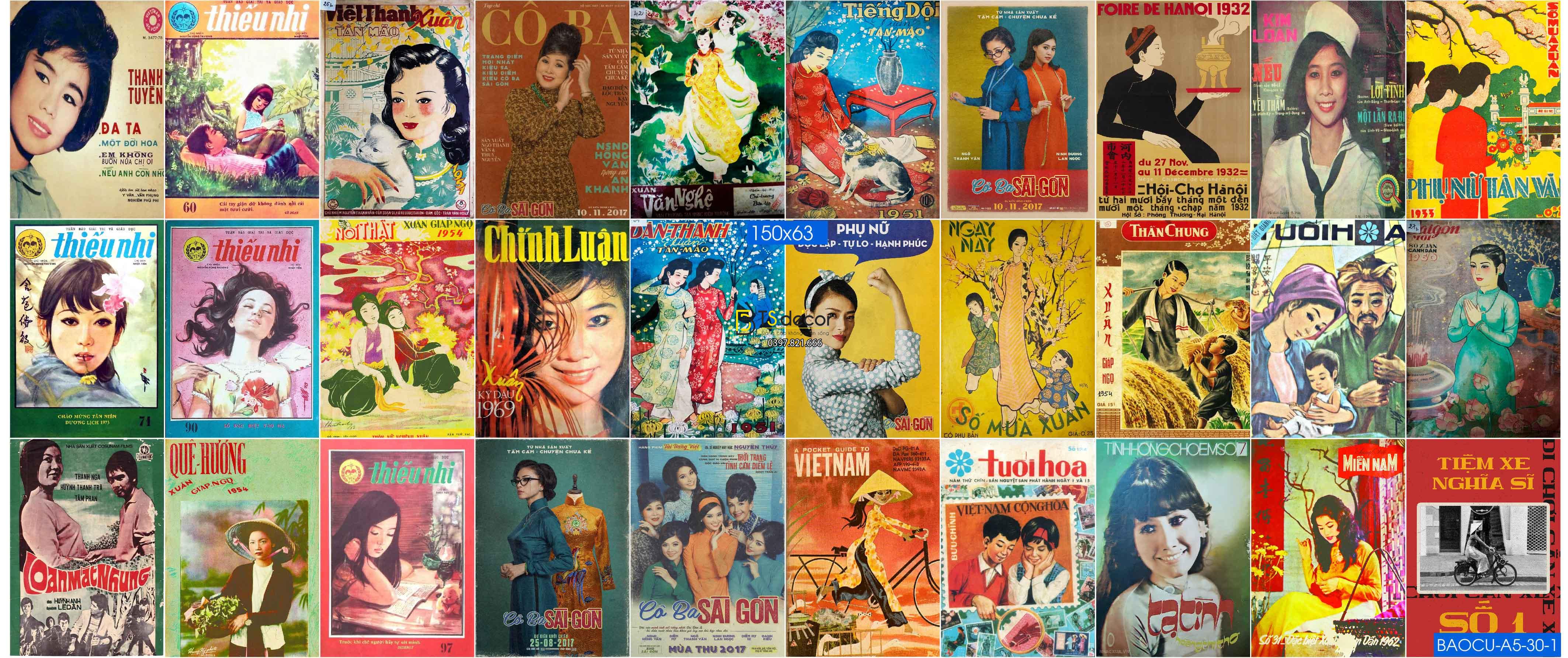 Combo 30 hình Decal dán tường Bìa Báo Cũ Việt Nam A5 01