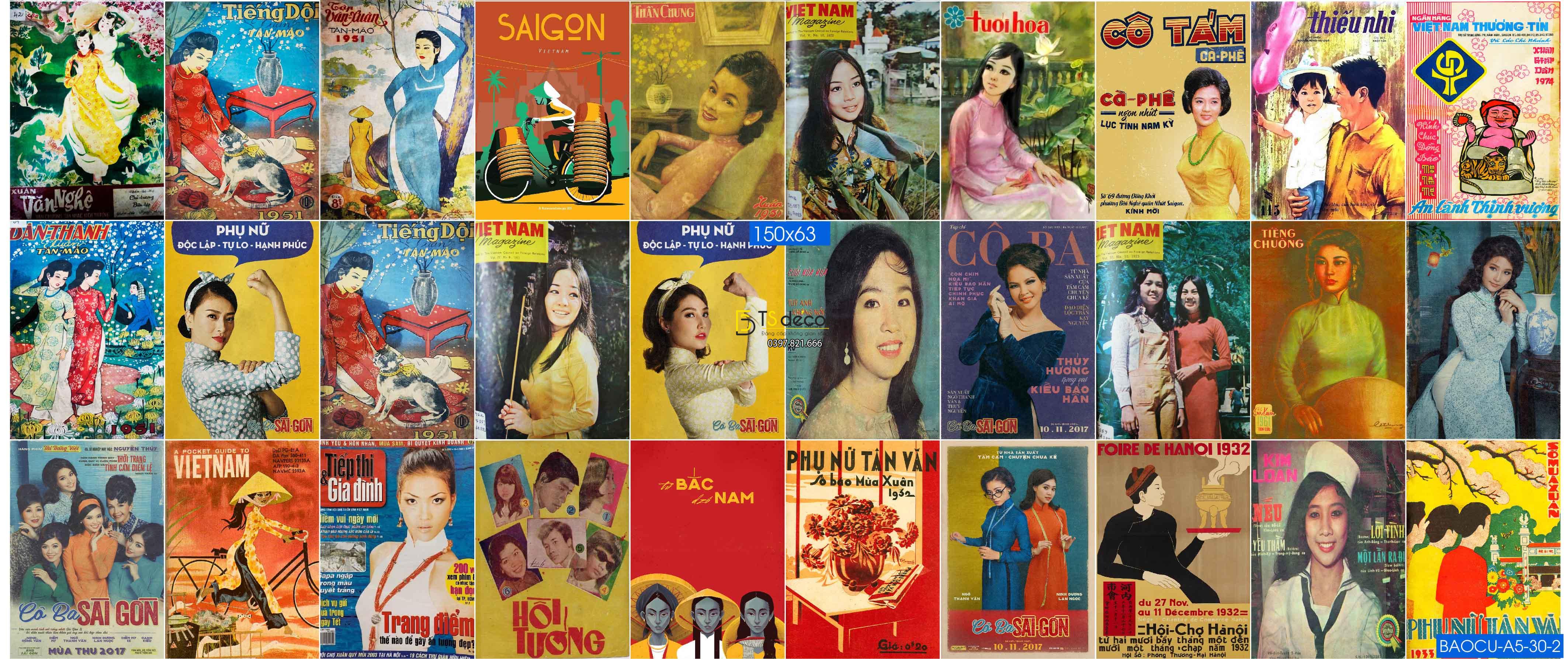 Combo 30 hình Decal dán tường Bìa Báo Cũ Việt Nam A5 02
