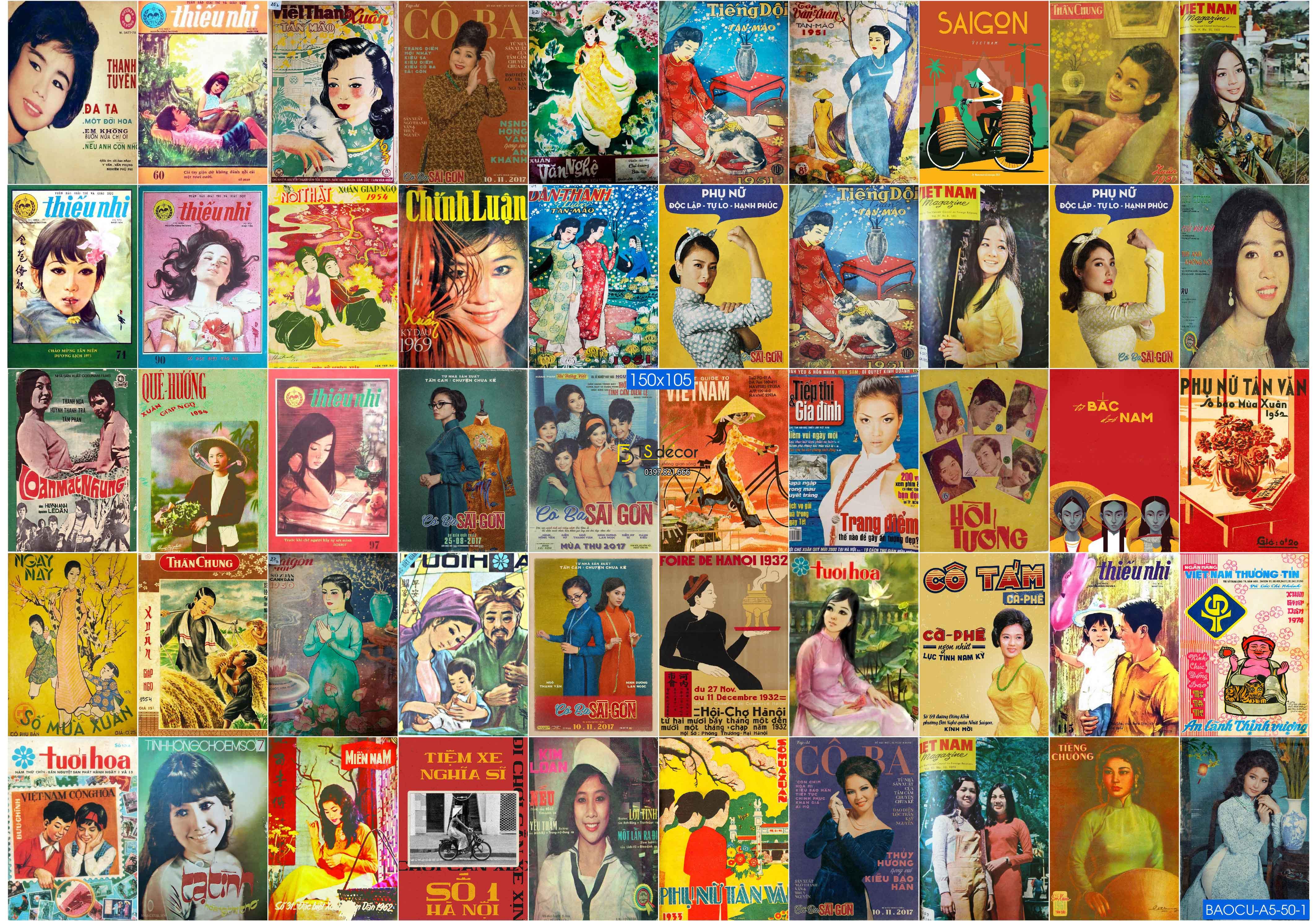 Combo 50 hình Decal dán tường Bìa Báo Cũ Việt Nam A5