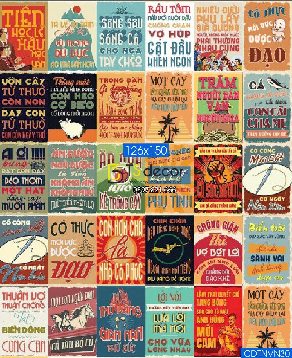 Combo 30 Tờ Decal Dán Tường Ca Dao Tục Ngữ VIỆT NAM Khổ A3,A4,A5