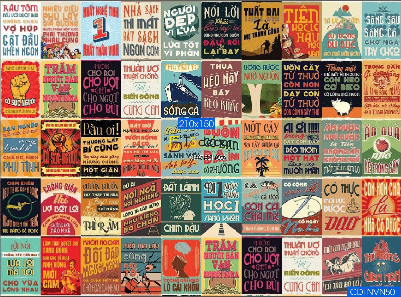 Combo 50 Tờ Decal Dán Tường Ca Dao Tục Ngữ VIỆT NAM Khổ A3,A4,A5