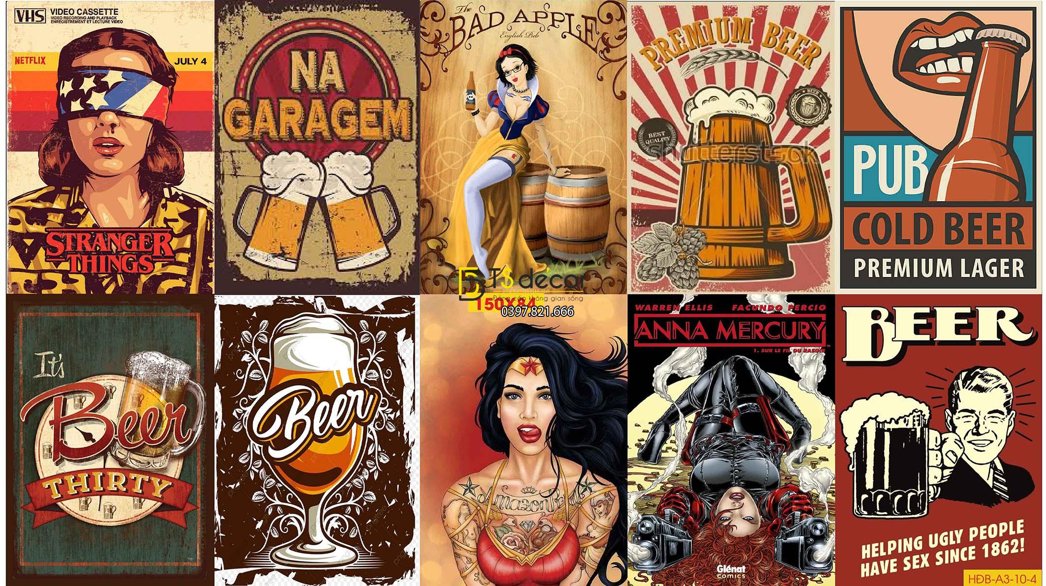 Combo 10 hình decal dán tường trang trí quán bia rượu 03