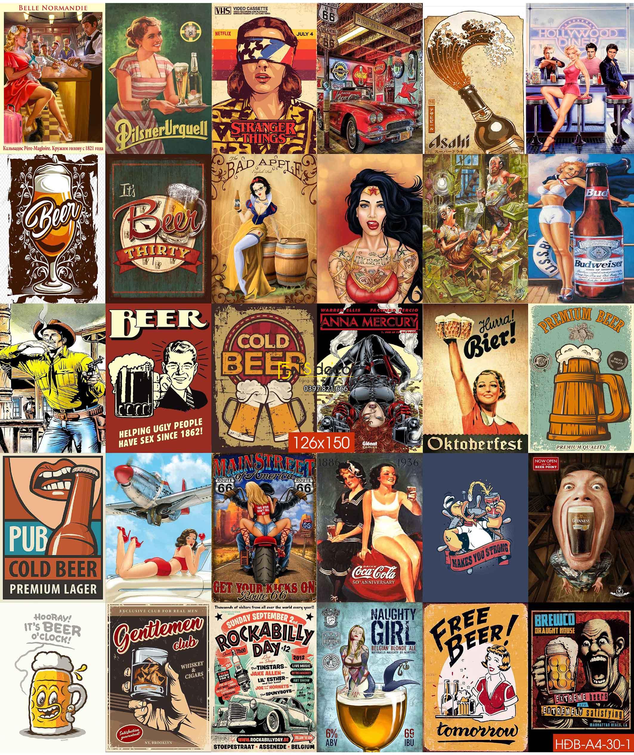 Combo 30 hình dán tường decor nhà hàng quán bia quầy bar 04