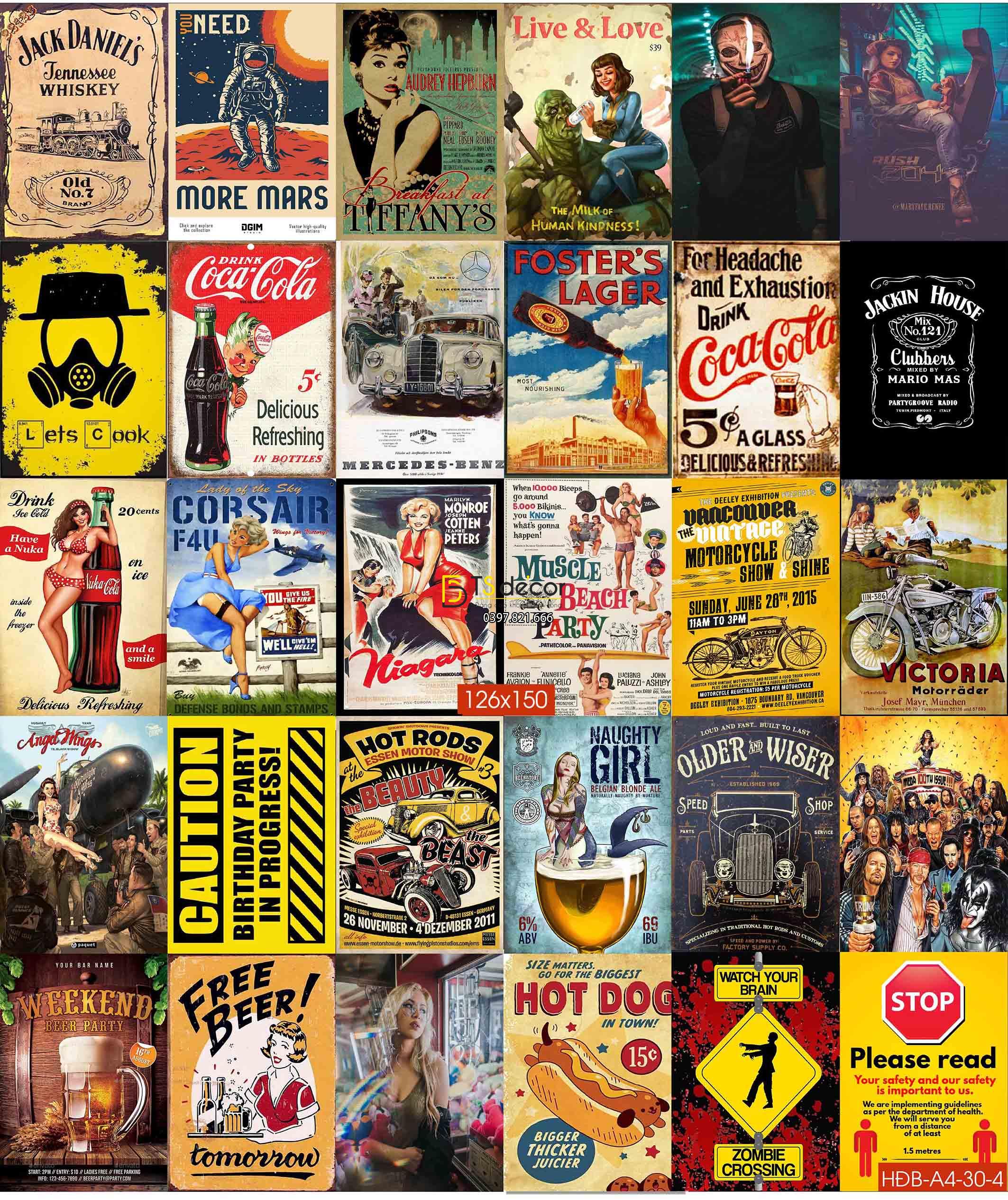 Combo 30 hình dán tường decor nhà hàng quán bia quầy bar 01