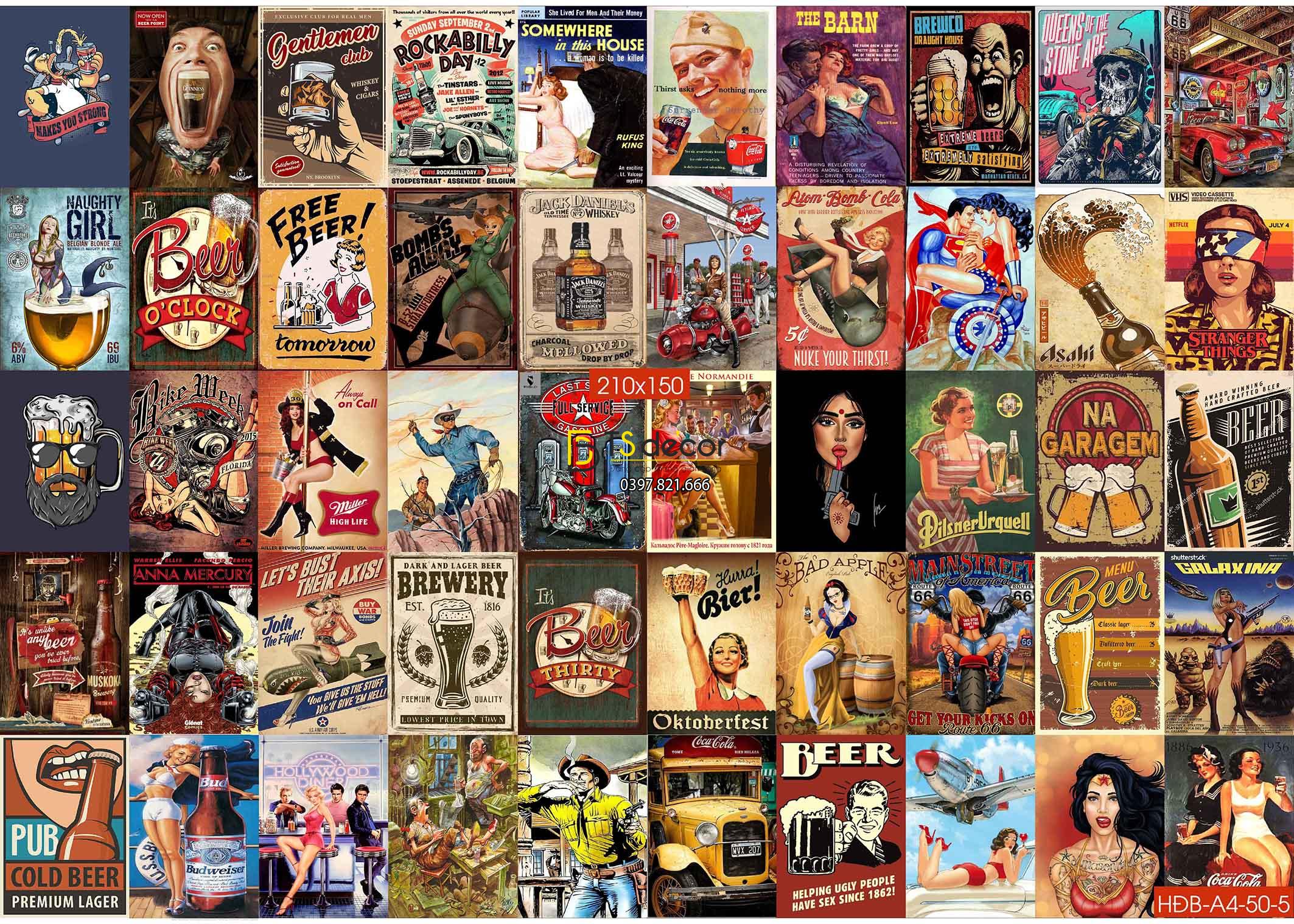 Combo 50 hình Decal dán tường trang trí decor quán bia quán Bar Pub 03