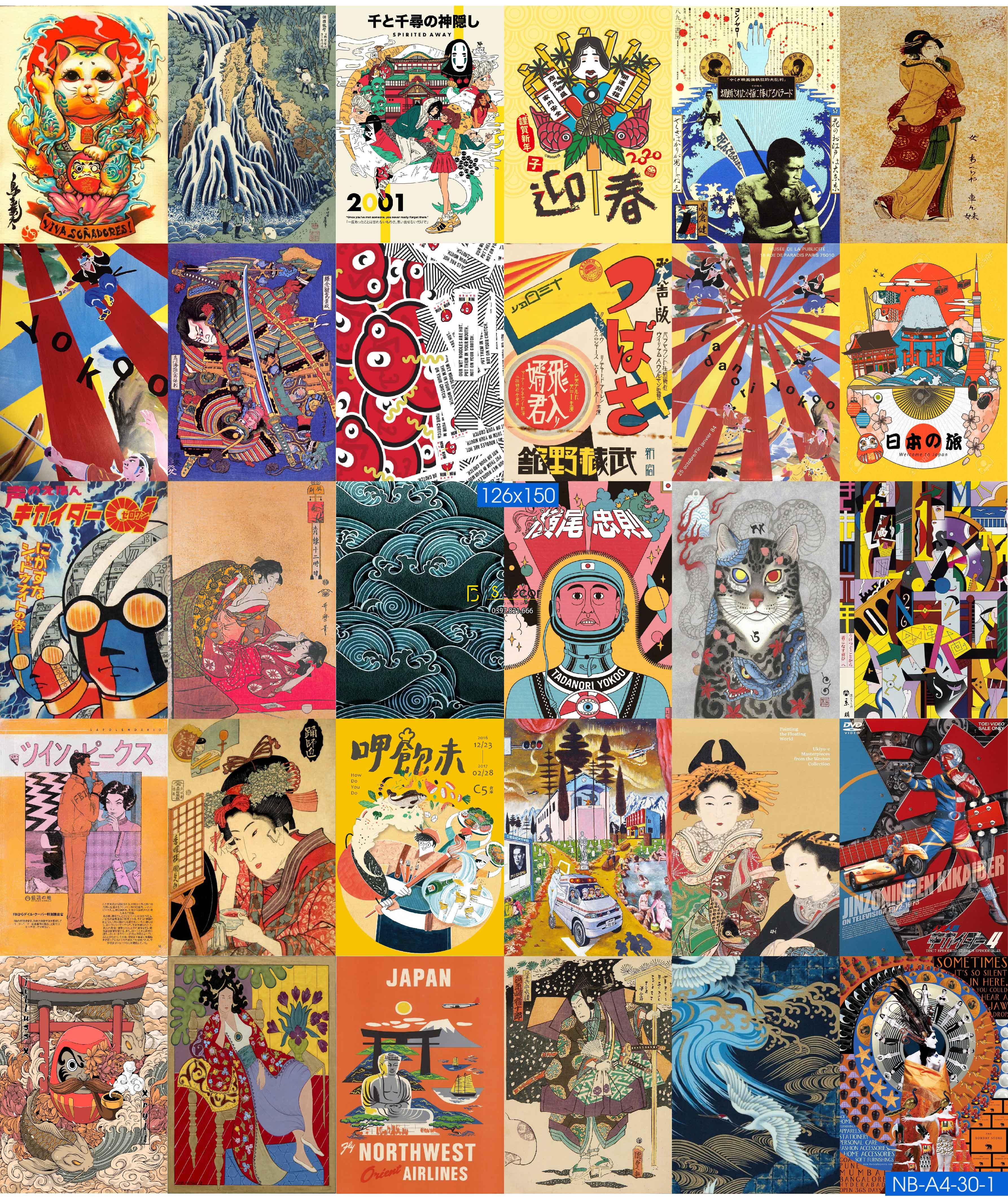 Combo 30 tờ Decal dán tường Phong Cách Nhật Bản khổ A3,A4,A5