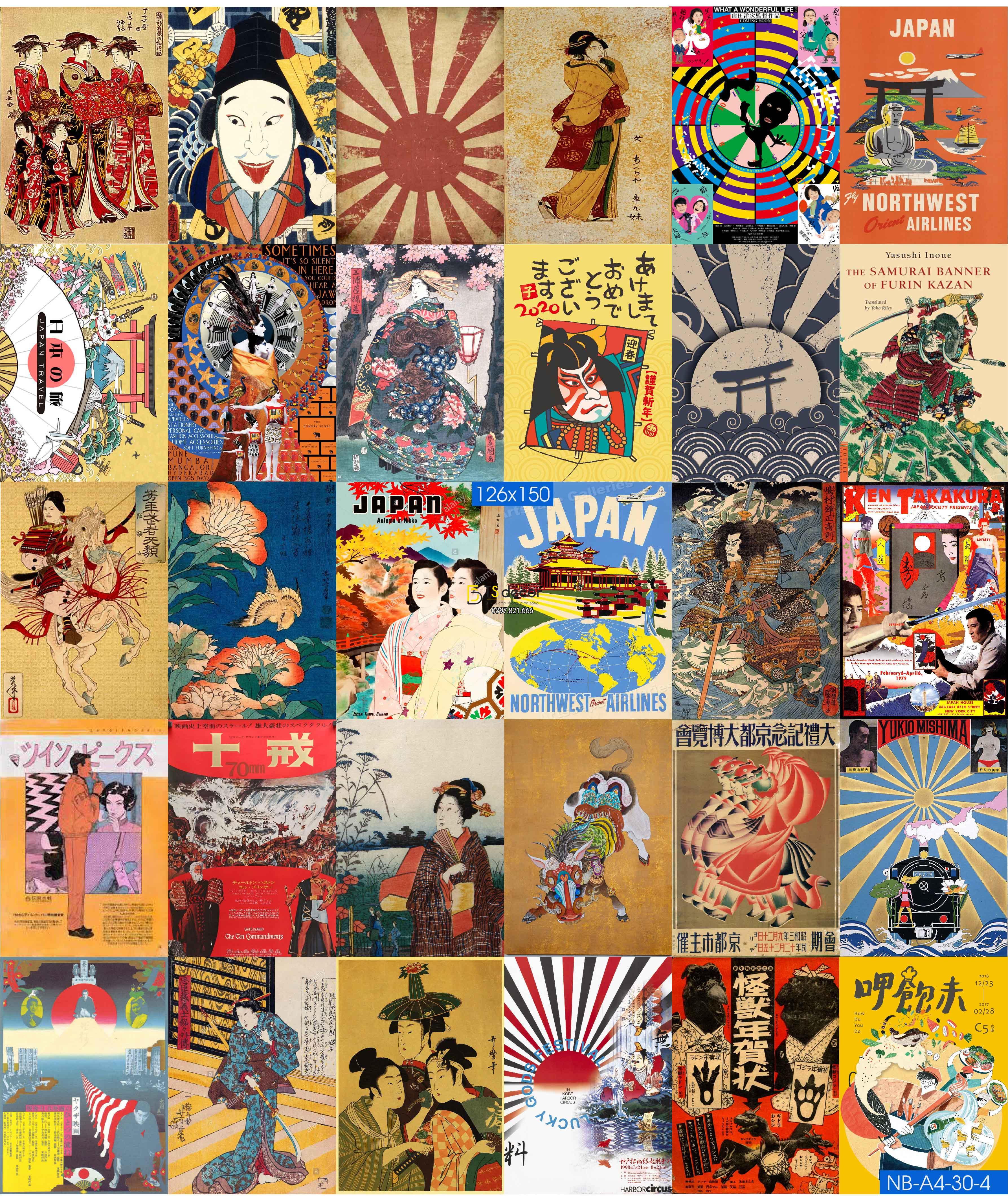 Combo 30 tờ Decal dán tường Phong Cách Truyền Thống Nhật Bản khổ A3,A4,A5