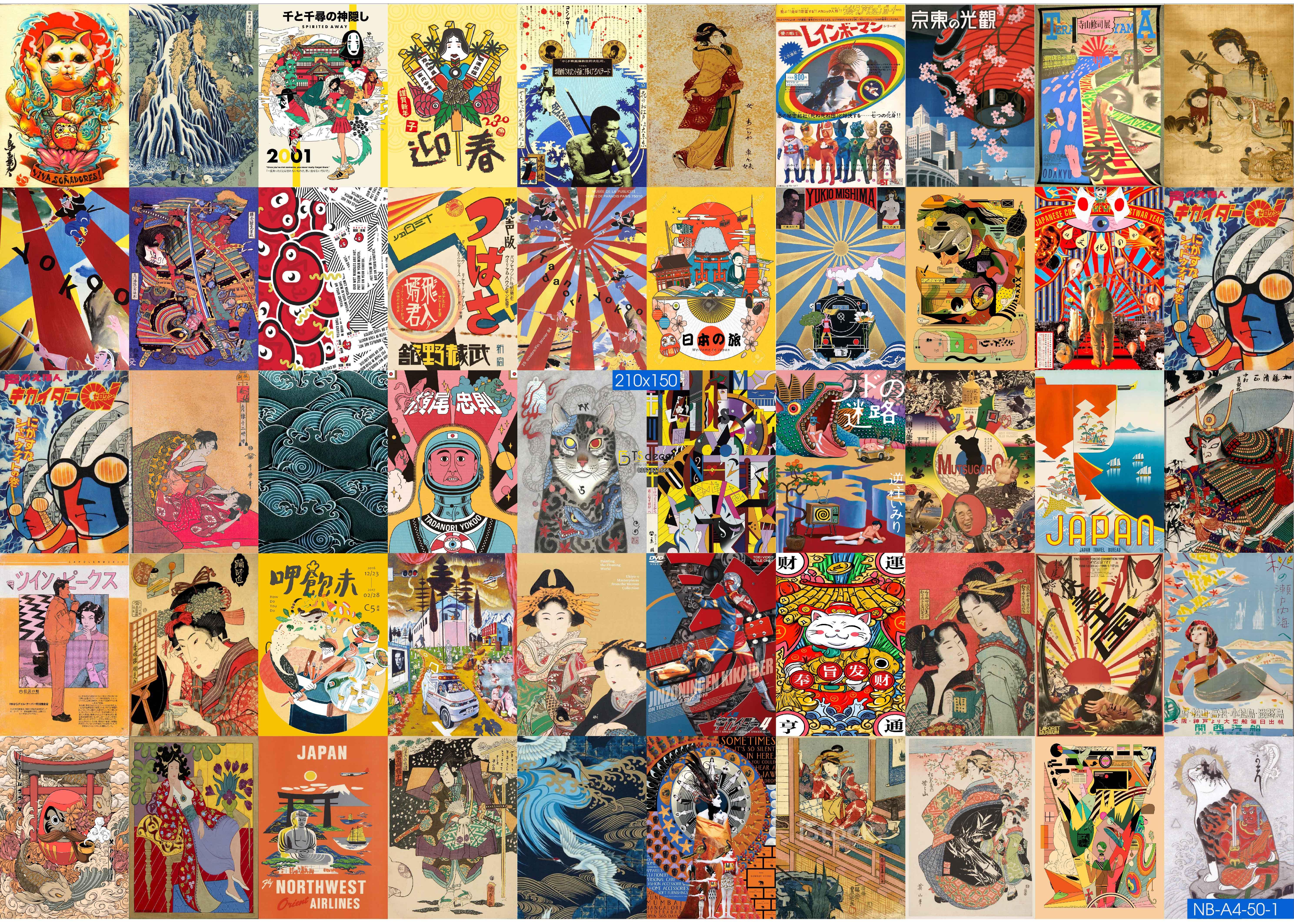 Combo 50 tờ Decal dán tường Phong Cách Truyền Thống Nhật Bản khổ A3,A4,A5