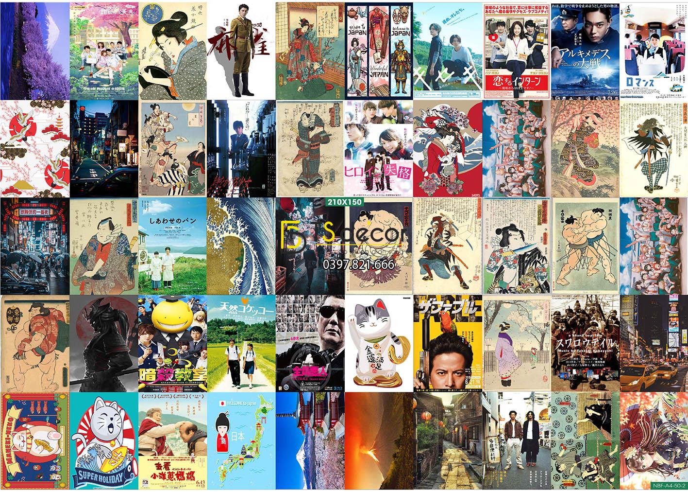 Combo 50 tờ Decal dán tường Phong Cách Nhật Bản khổ A3,A4,A5