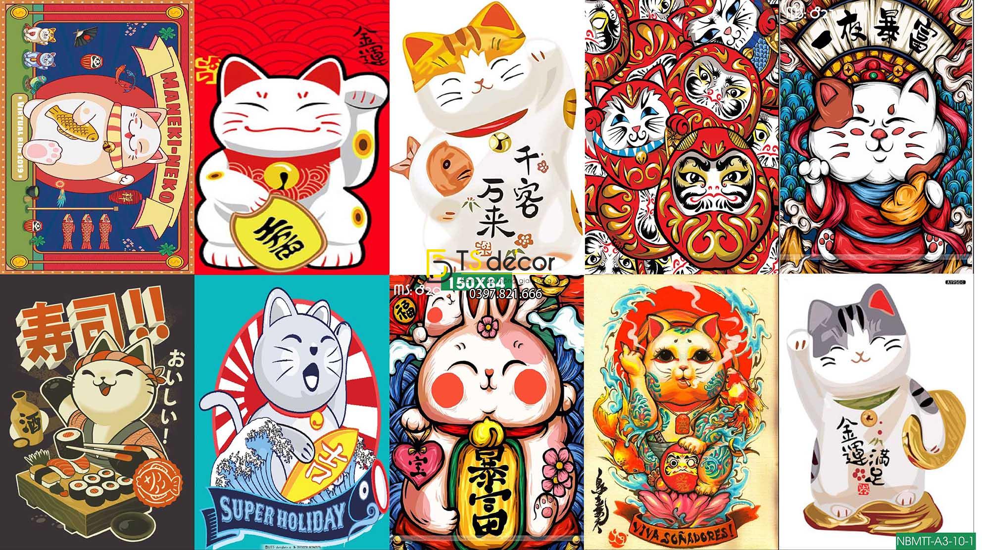Combo 10 tờ Decal dán tường Mèo Thần Tài