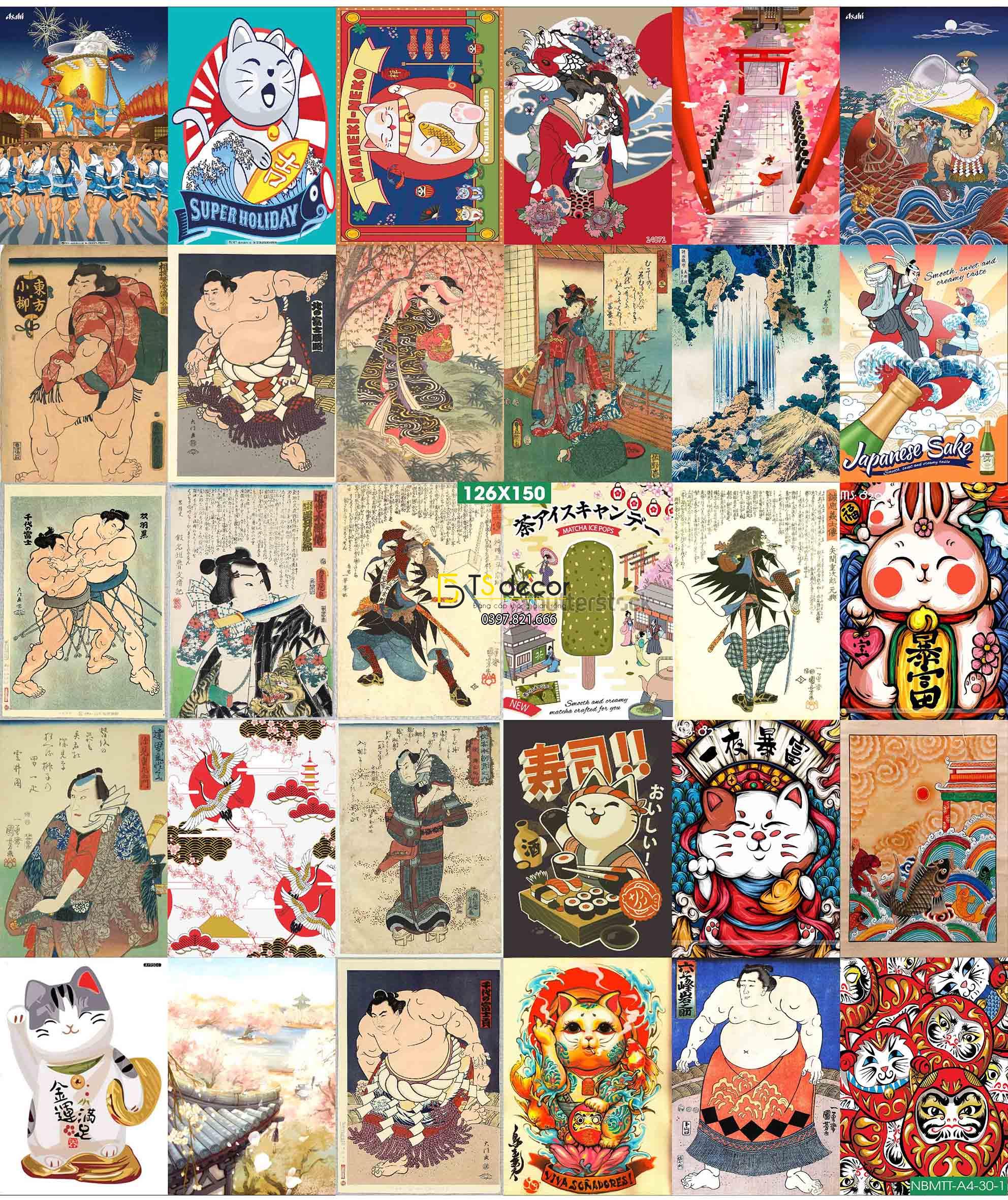 Combo 30 tờ Decal dán tường Mèo Thần Tài Nhật Bản khổ A3,A4,A5