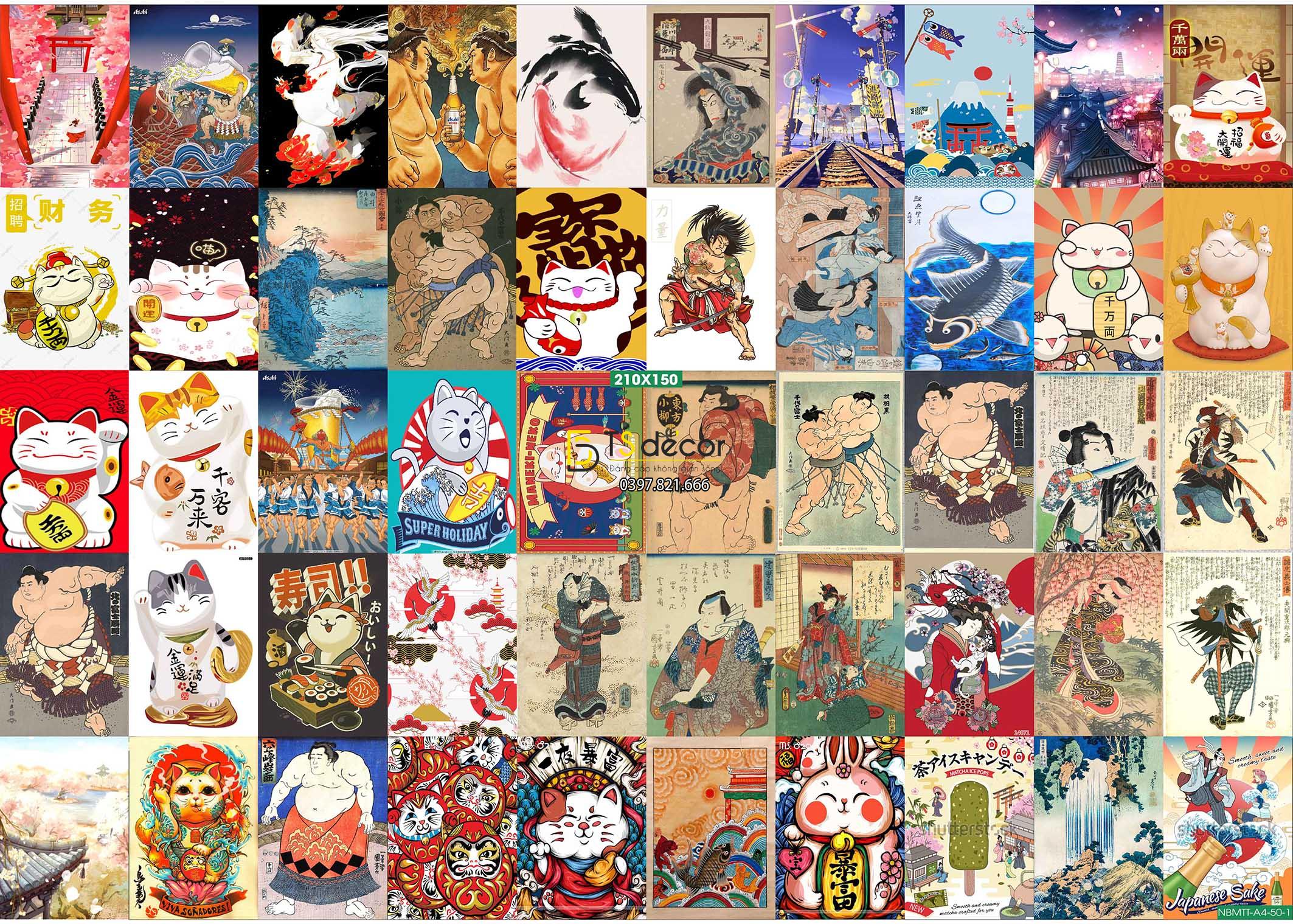 Combo 50 tờ Decal dán tường Mèo Thần Tài Nhật Bản khổ A3,A4,A5
