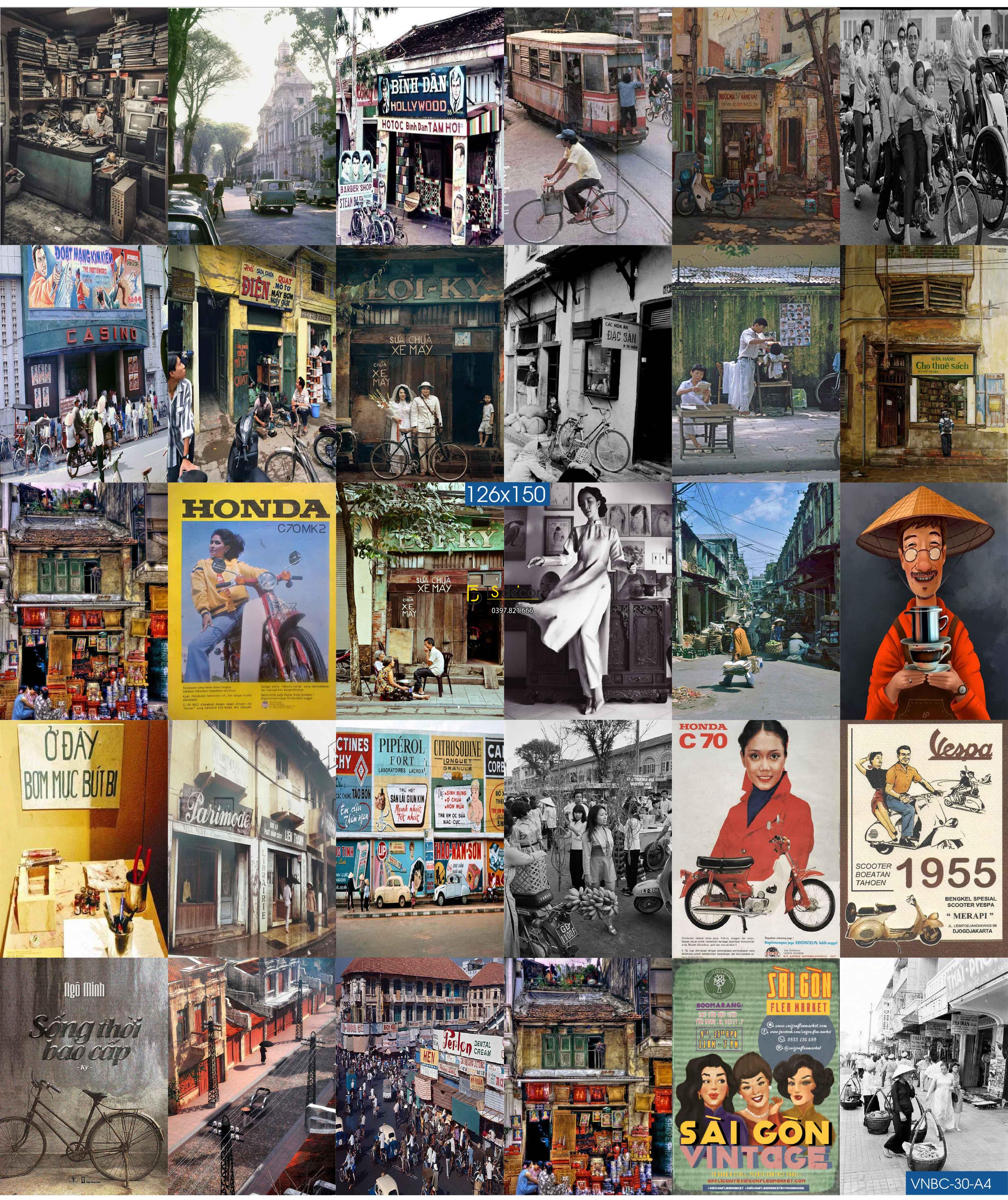 Combo 30 hình Decal dán tường thời bao cấp Việt Nam Khổ A5