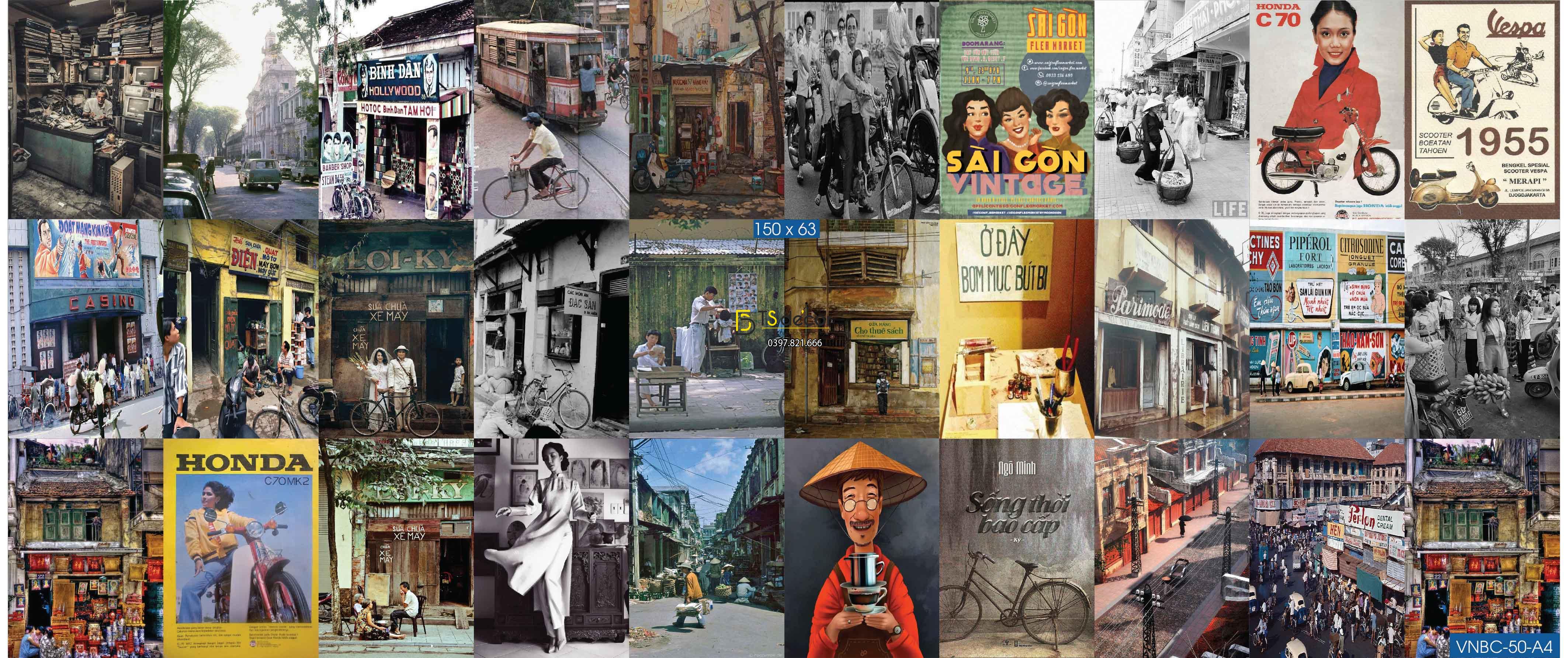 Combo 30 hình Decal dán tường thời bao cấp Việt Nam Khổ A4