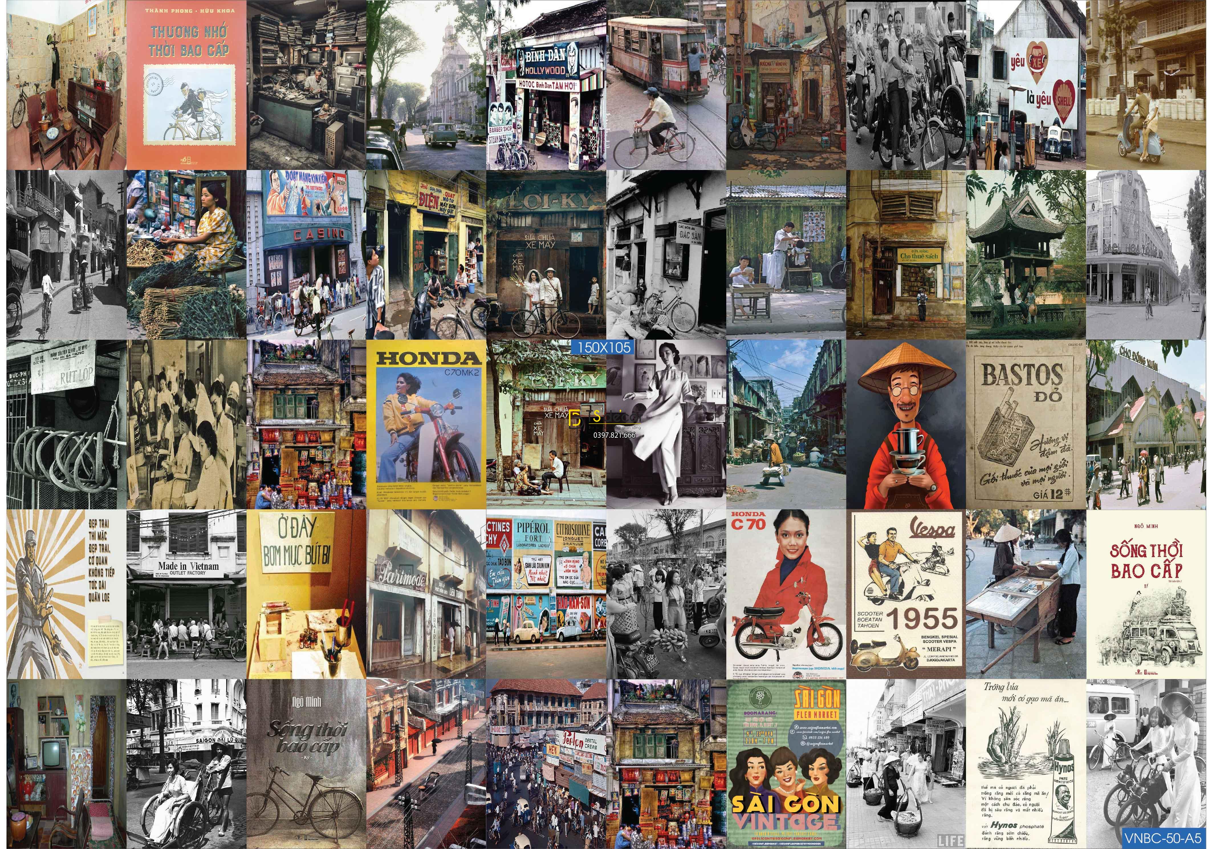 Combo 50 hình Decal dán tường thời bao cấp Việt Nam Khổ A5