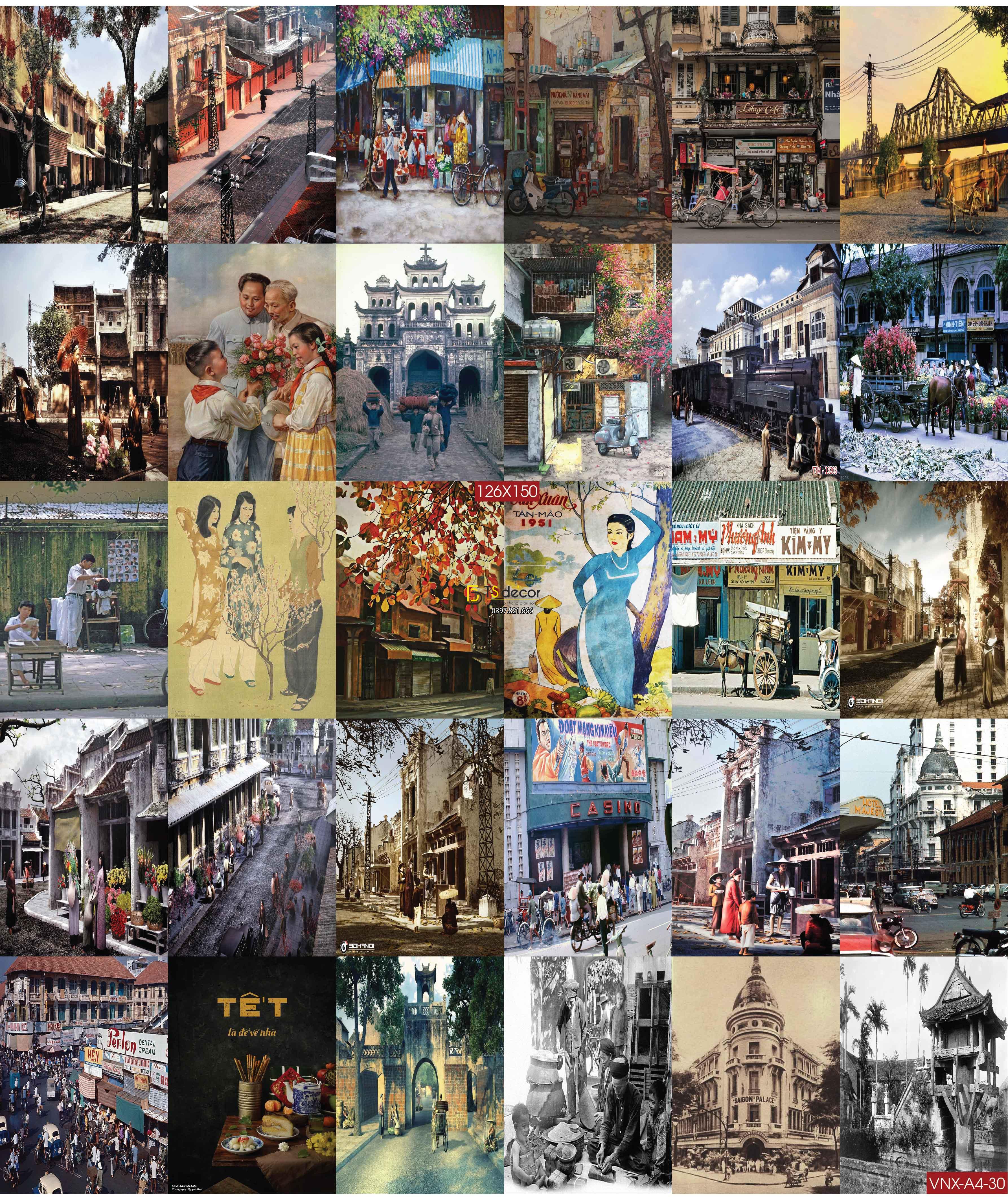 Combo 30 hình Decal dán tường Việt Nam Xưa trang trí Cafe-Trà Chanh-Phòng Trà A4