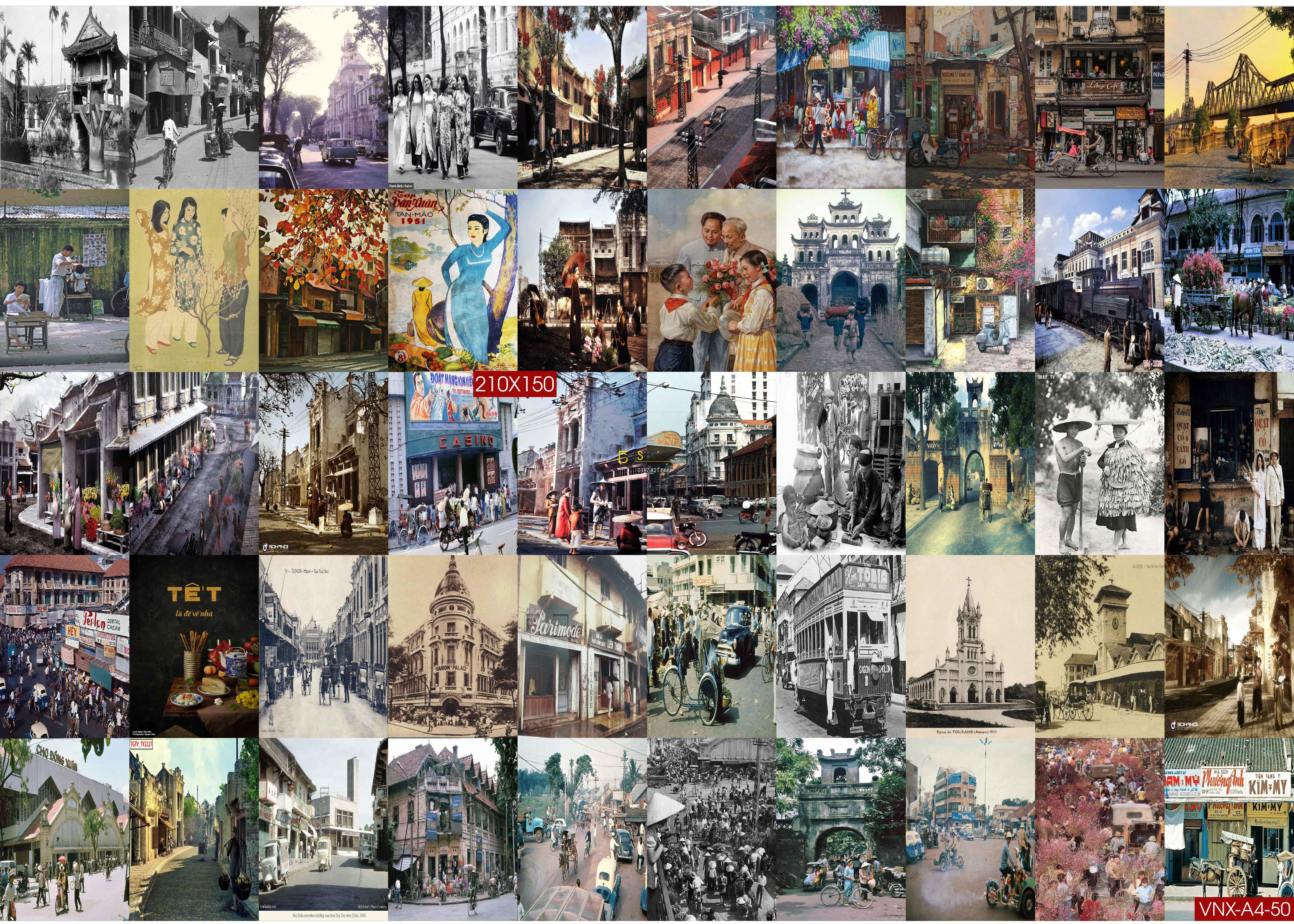 Combo 50 hình Decal dán tường Việt Nam Thời Xưa trang trí Cafe-Trà Chanh-Phòng Trà A4