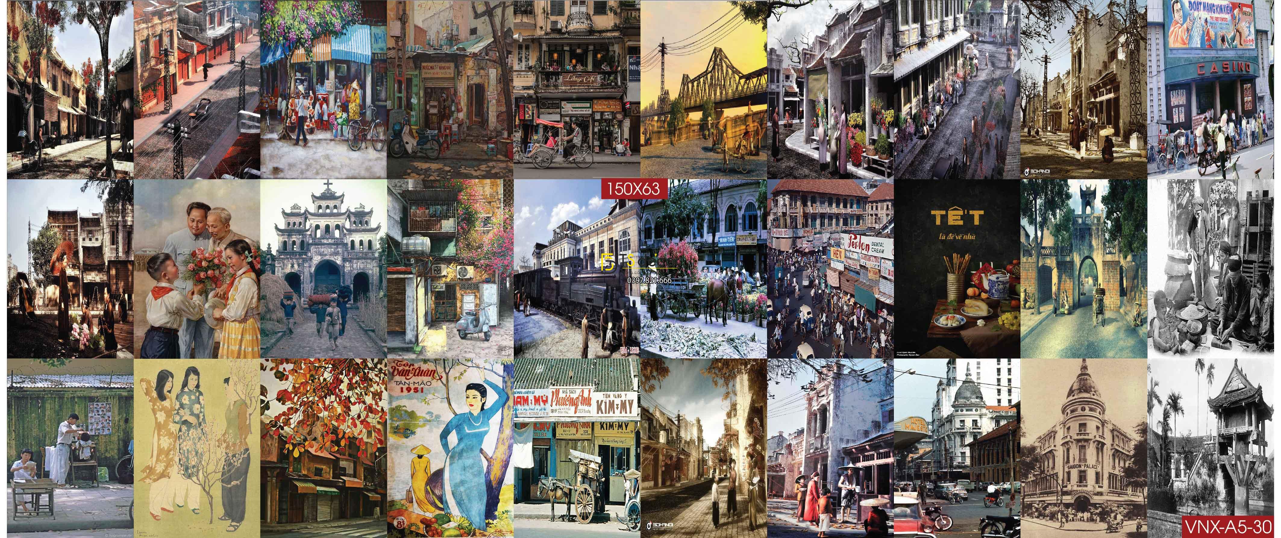 Combo 30 hình Decal dán tường Việt Nam Xưa trang trí Cafe-Trà Chanh-Phòng Trà A5