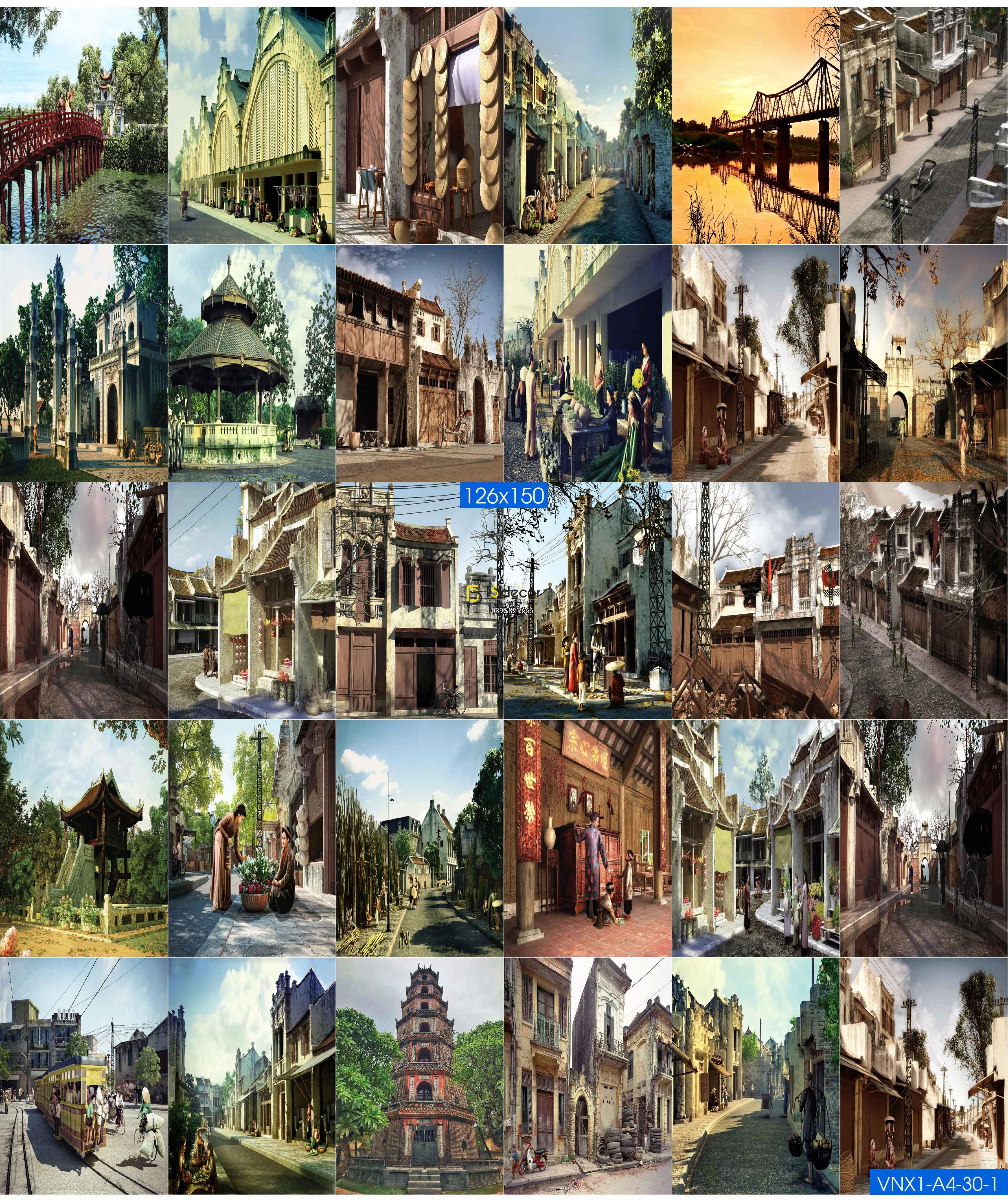 Combo 30 Hình Decal dán tường Hà Nội Xưa Khổ A3,A4,A5 001