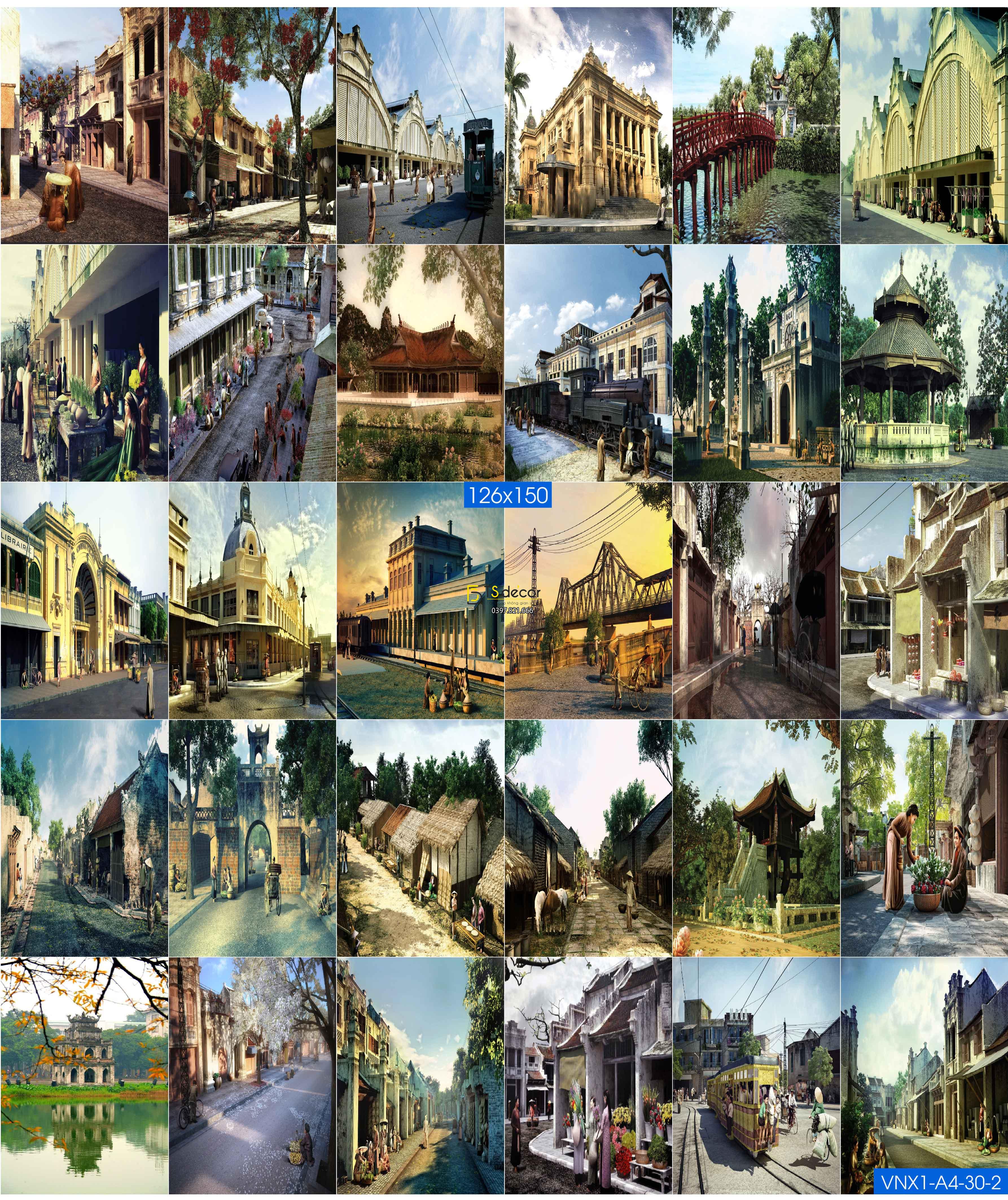 Combo 30 Hình Decal dán tường Hà Nội Xưa Khổ A3,A4,A5 002