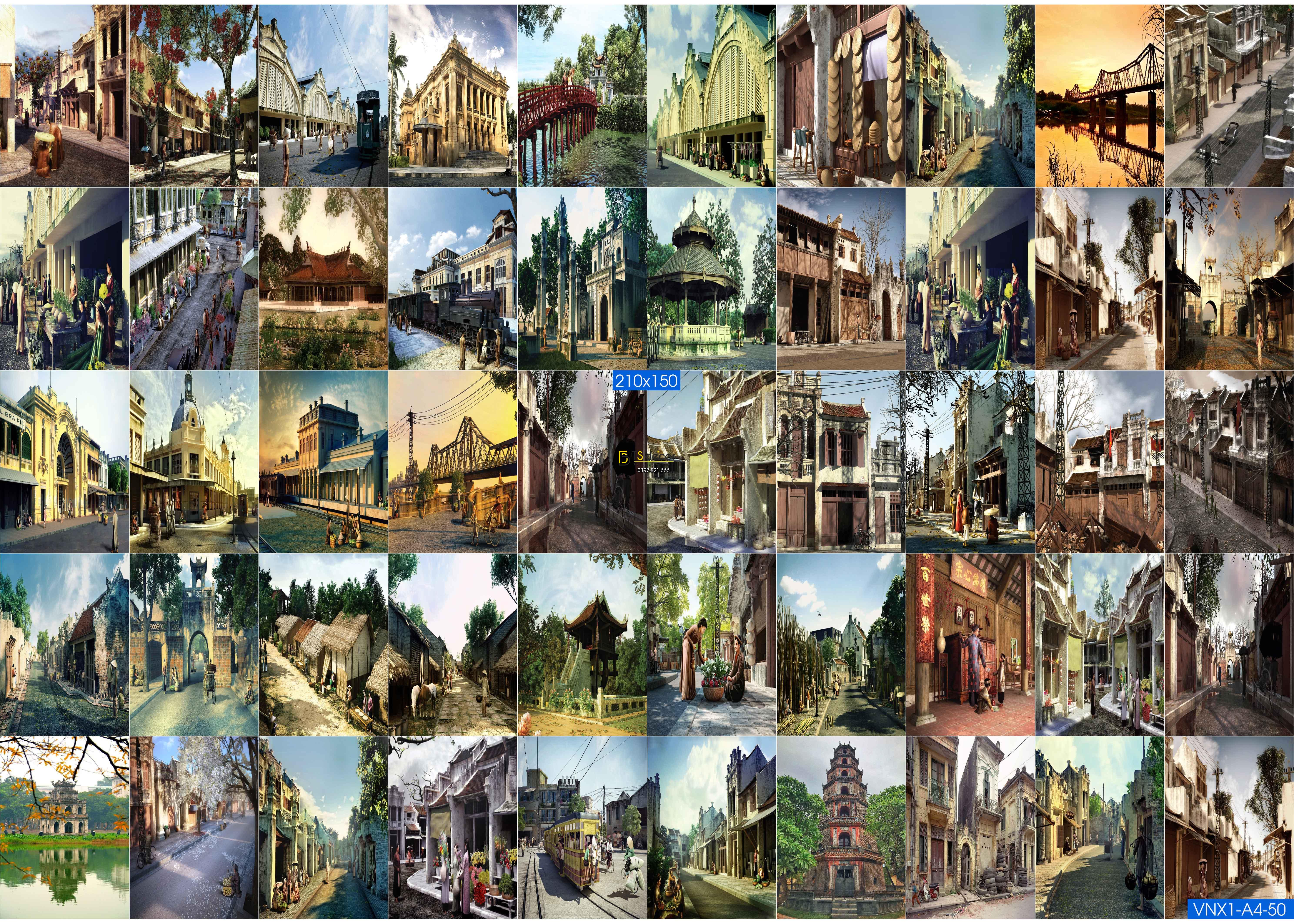 Combo 50 Hình Decal dán tường Hà Nội Xưa Khổ A3,A4,A5 02