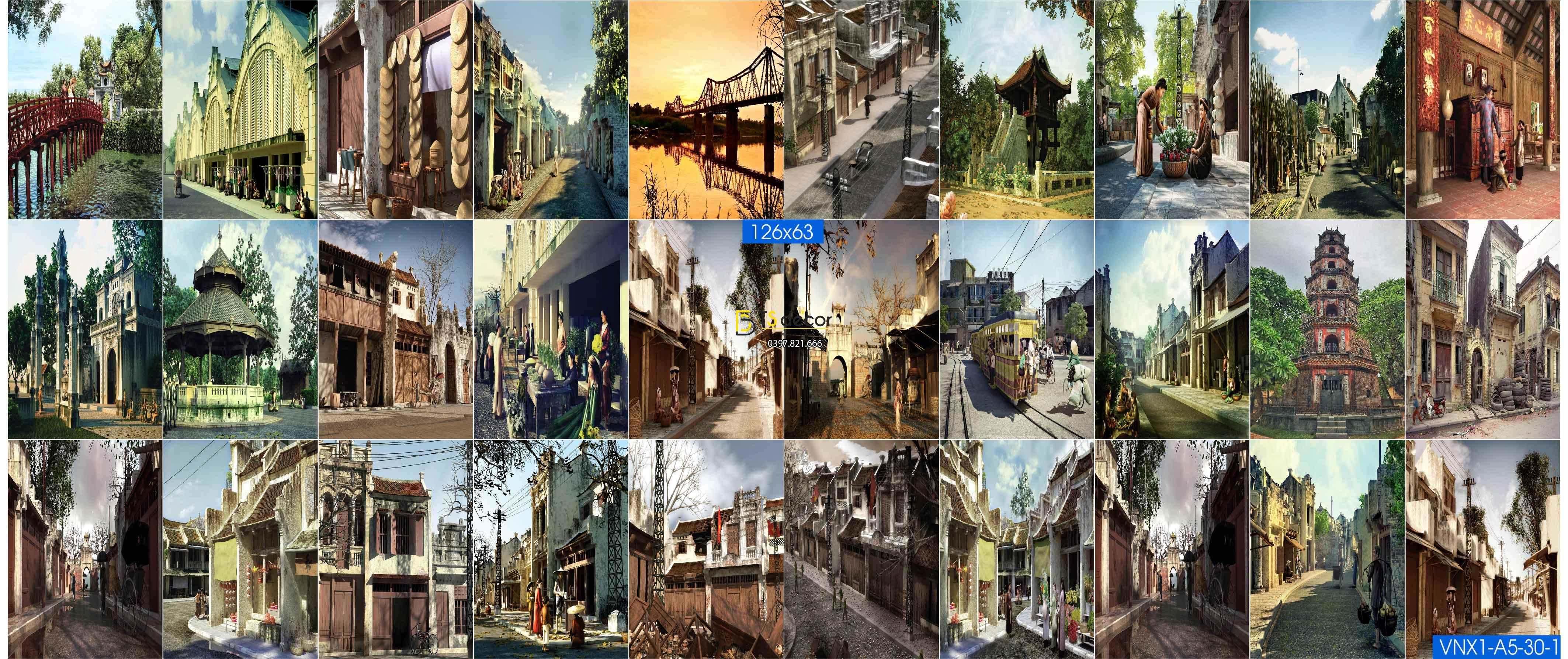 Combo 30 Hình Decal dán tường Hà Nội Xưa Khổ A3,A4,A5 01