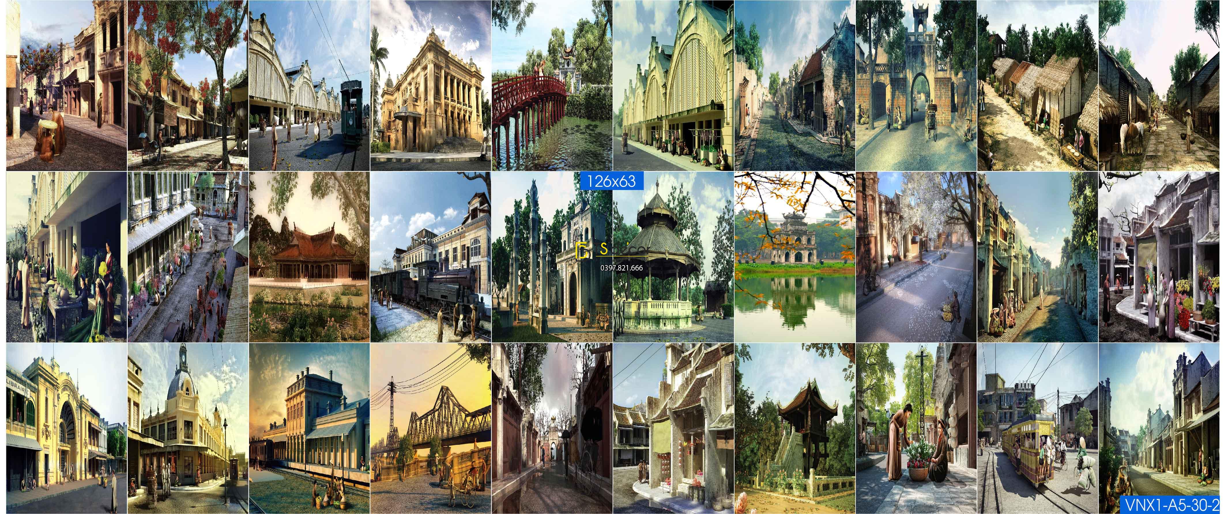 Combo 30 Hình Decal dán tường Hà Nội Xưa Khổ A3,A4,A5 02