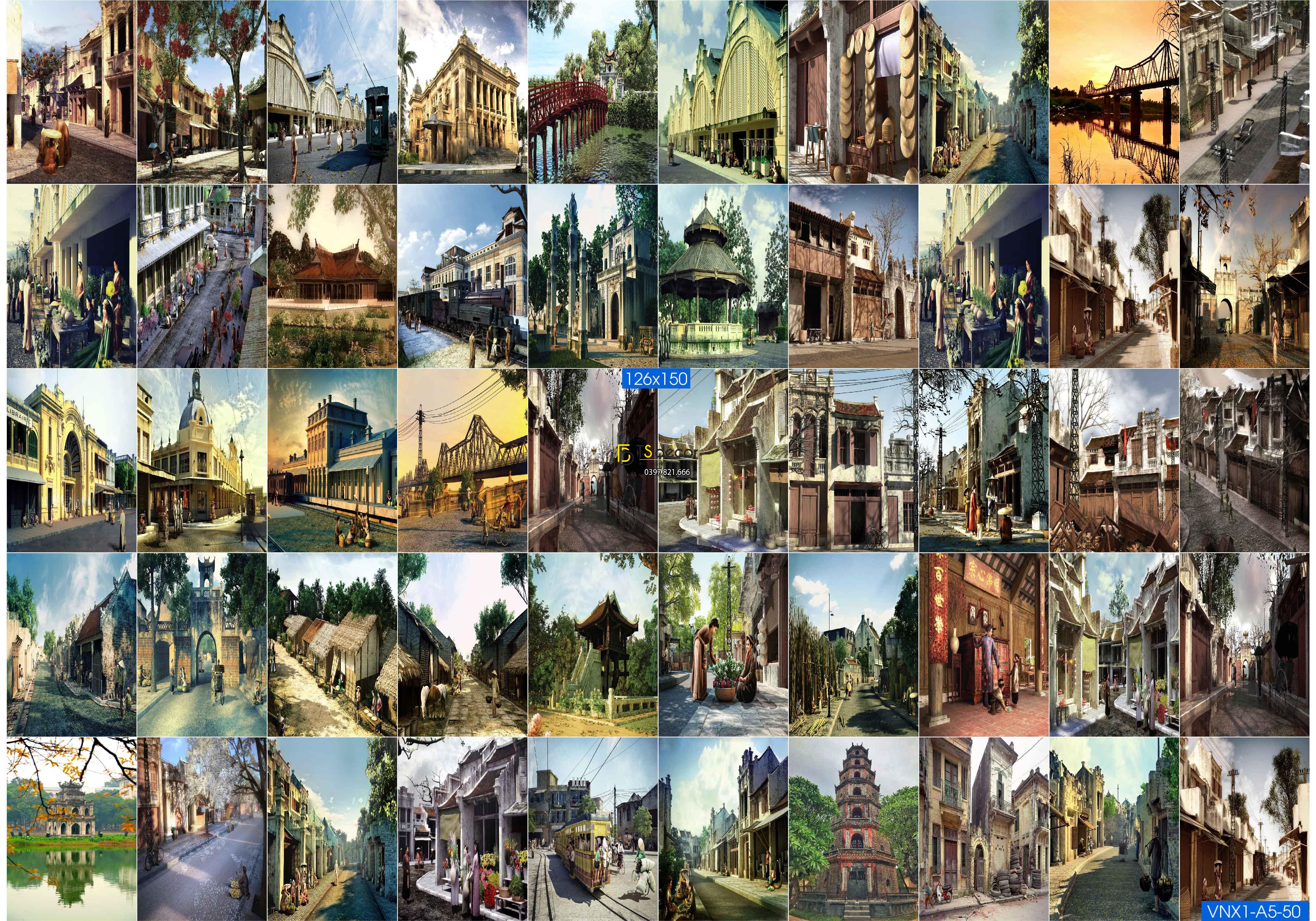 Combo 50 Hình Decal dán tường Hà Nội Xưa Khổ A3,A4,A5 01