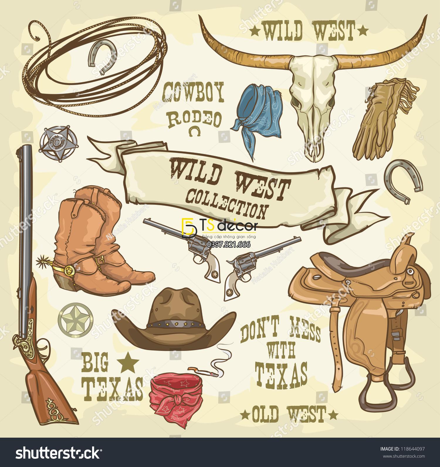 Tranh dán tường đồ dùng cao bồi miền tây