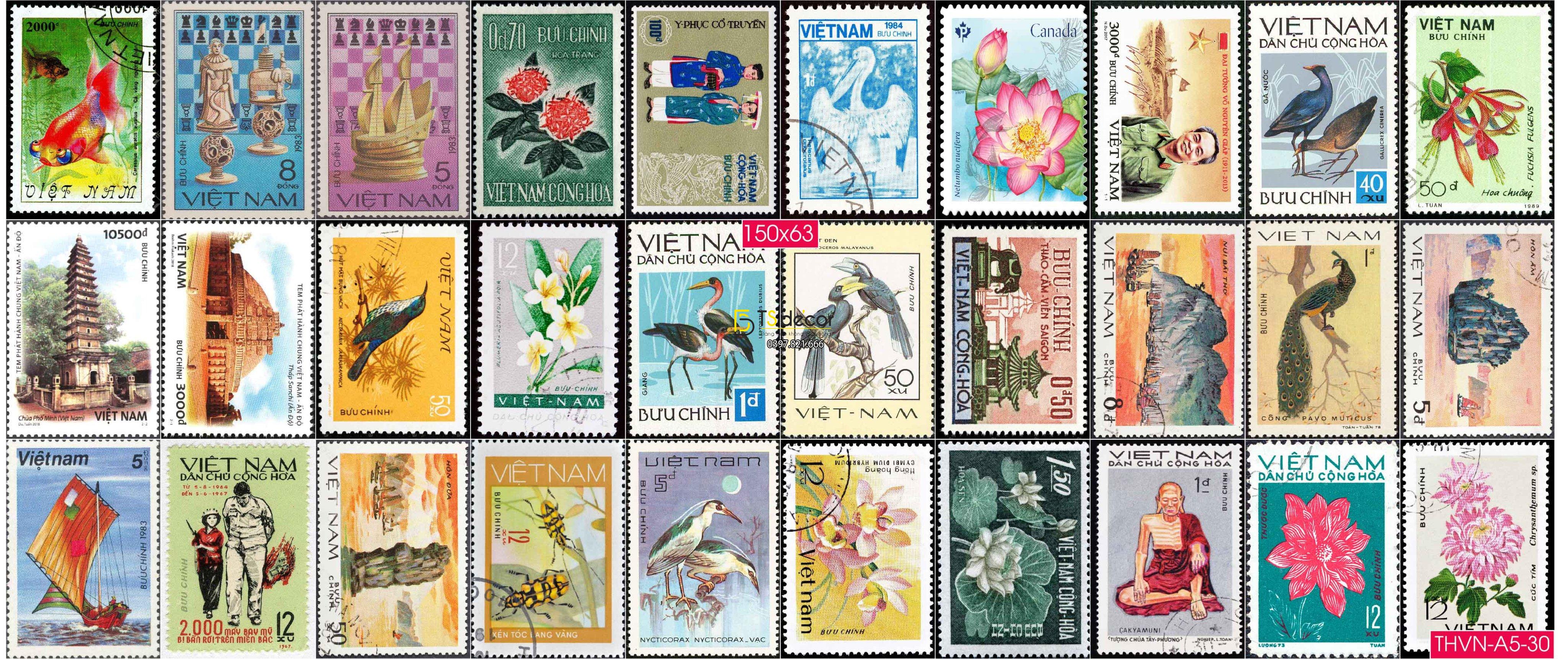 Combo 50 hình Decal Con Tem Việt Nam Xưa Khổ A5