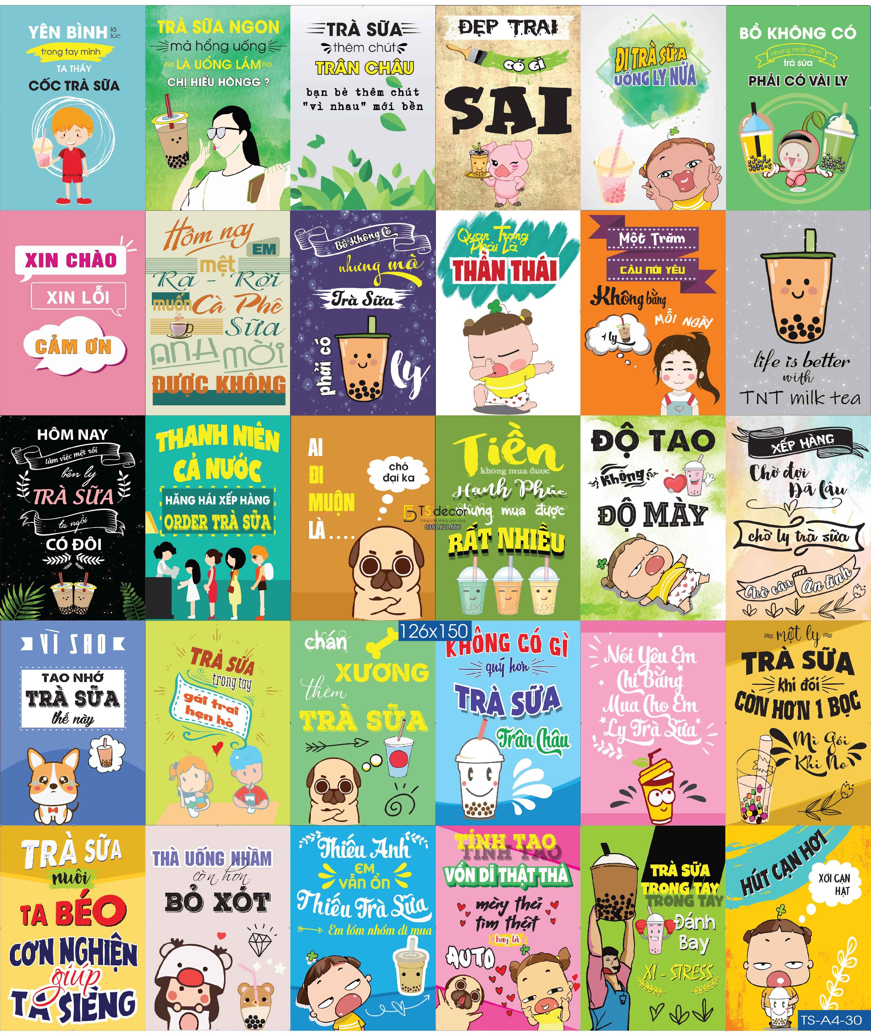 Combo 30 hình decal dán tường dành cho quán Trà Sữa-Ăn Vặt Chill A4