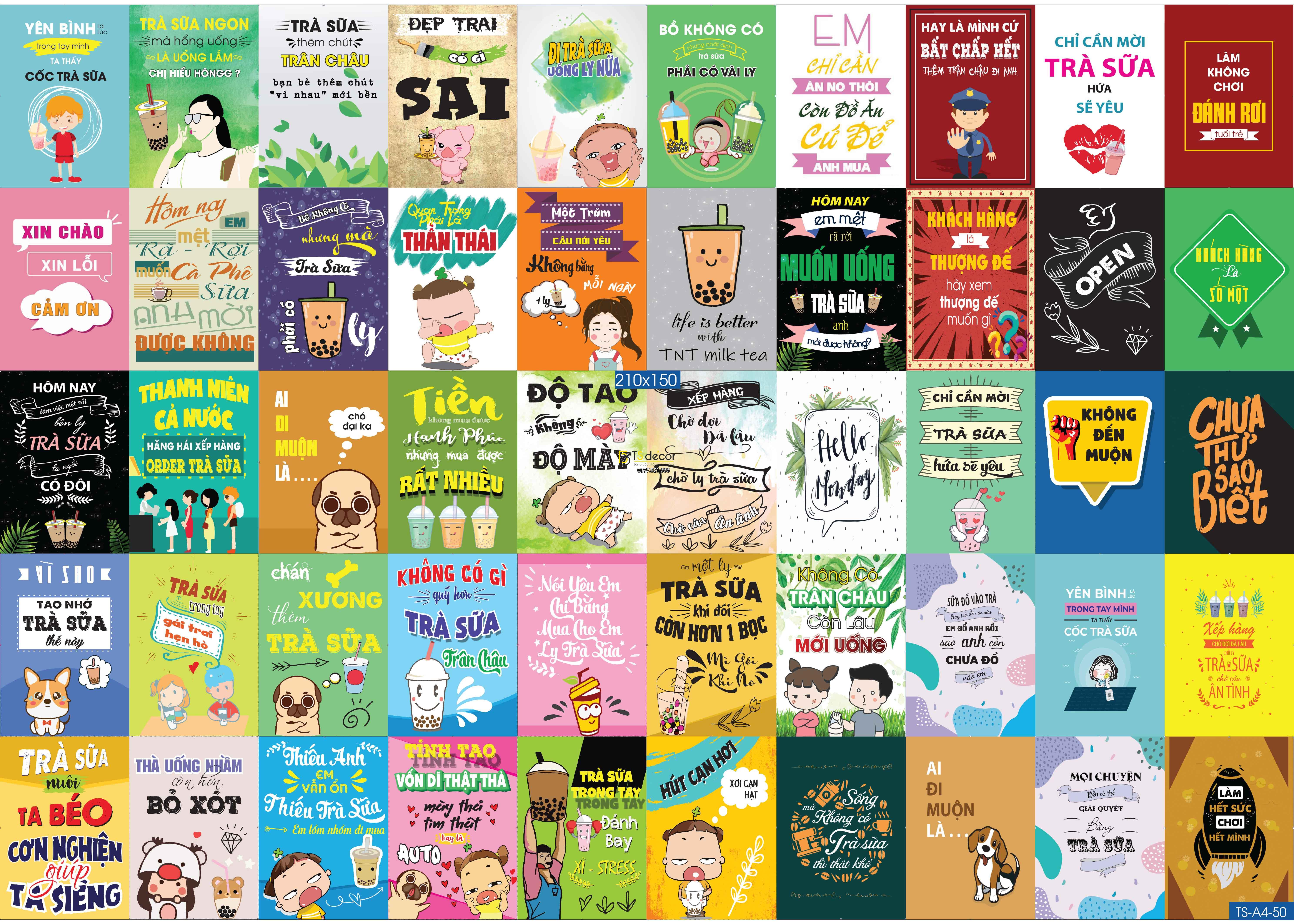 Combo 50 hình decal dán tường decor quán Trà Sữa cực Chill A4