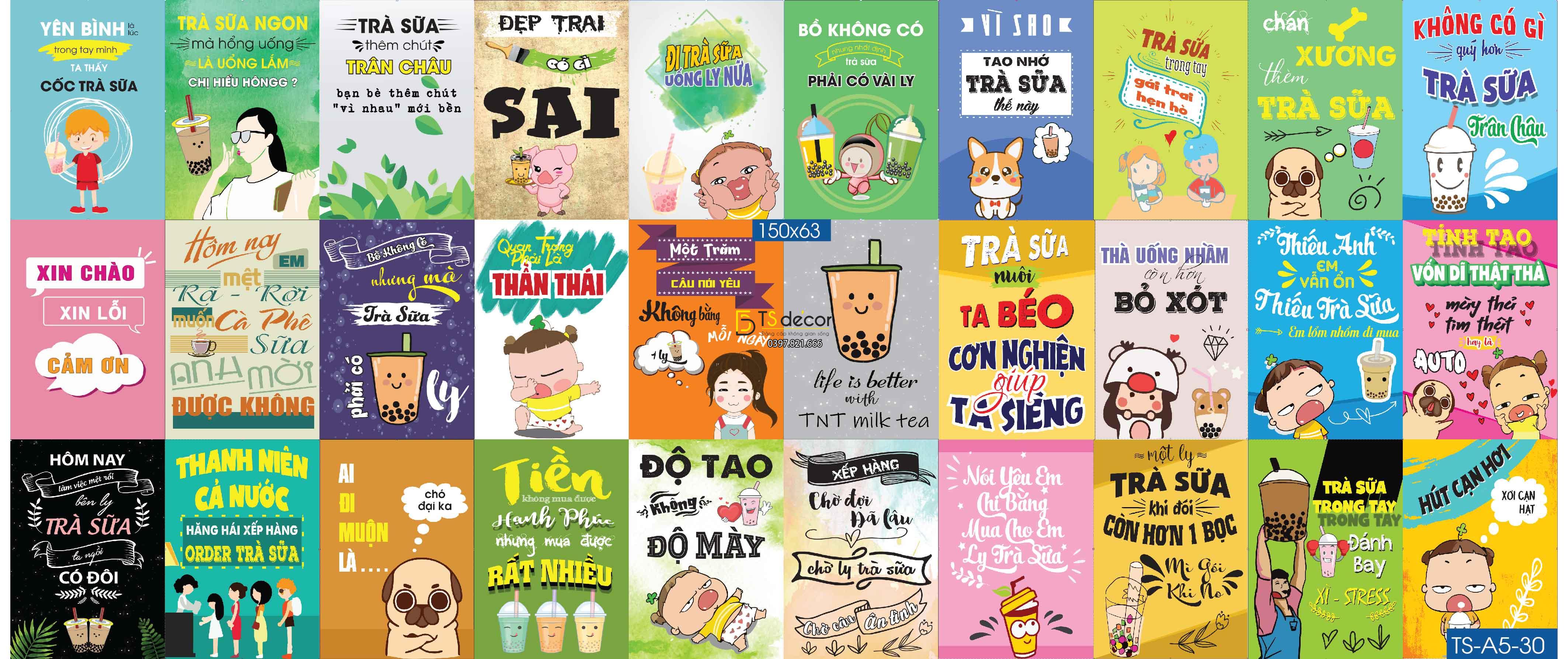 Combo 30 hình decal dán tường dành cho quán Trà Sữa-Ăn Vặt Chill A5