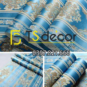 Giấy Dán Tường Hoa Dập Nổi Cổ Điển Xanh Đậm 3D221 - Ảnh 2